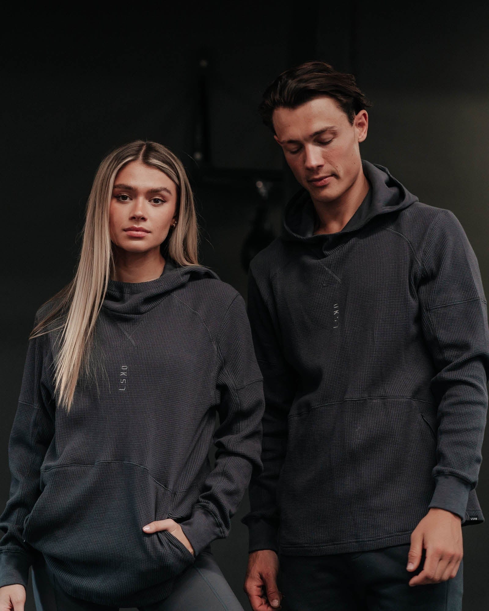 Model wearing Unisex 5am Waffle Hood - Turbulence