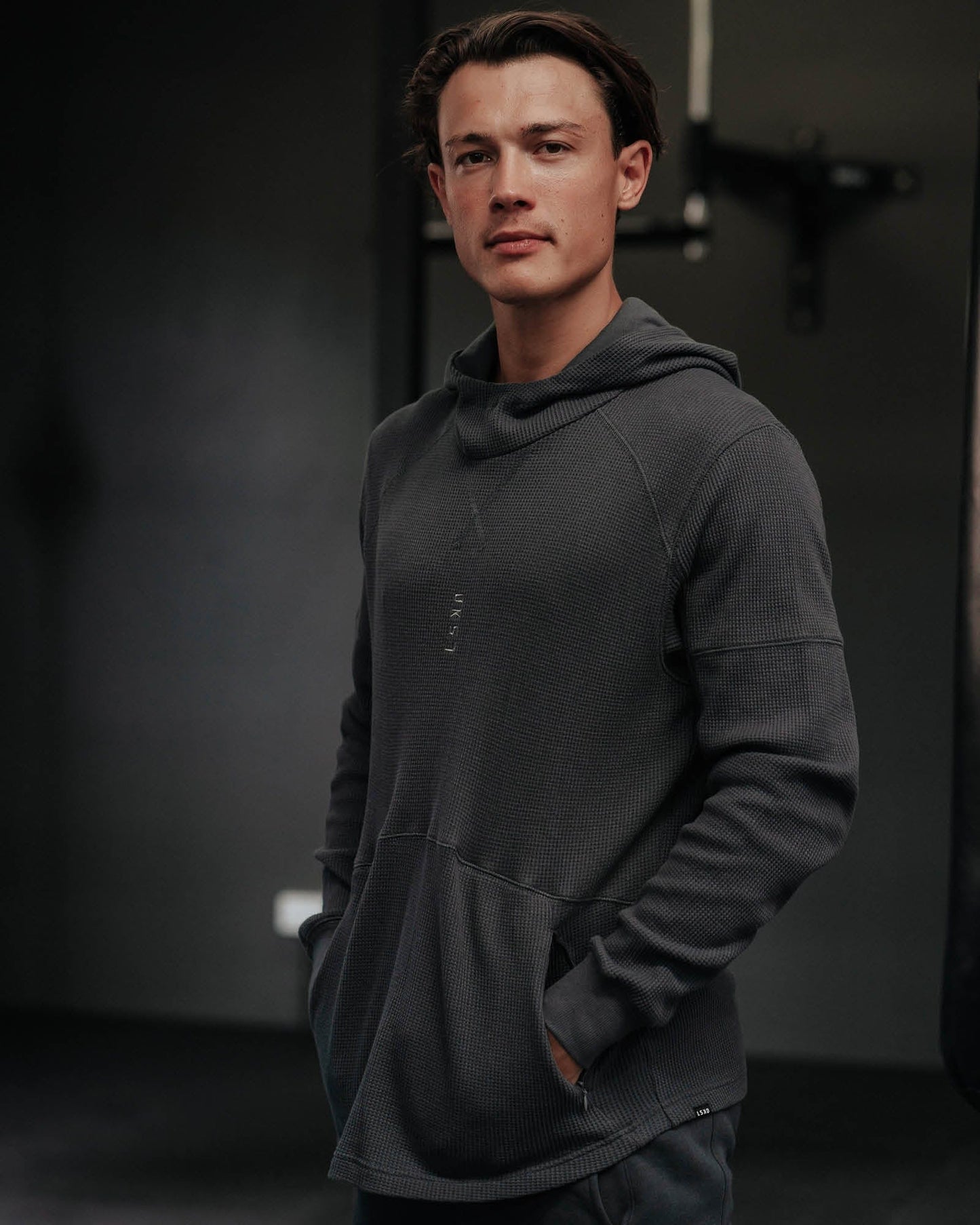 Model wearing 5am Waffle Hood - Turbulence