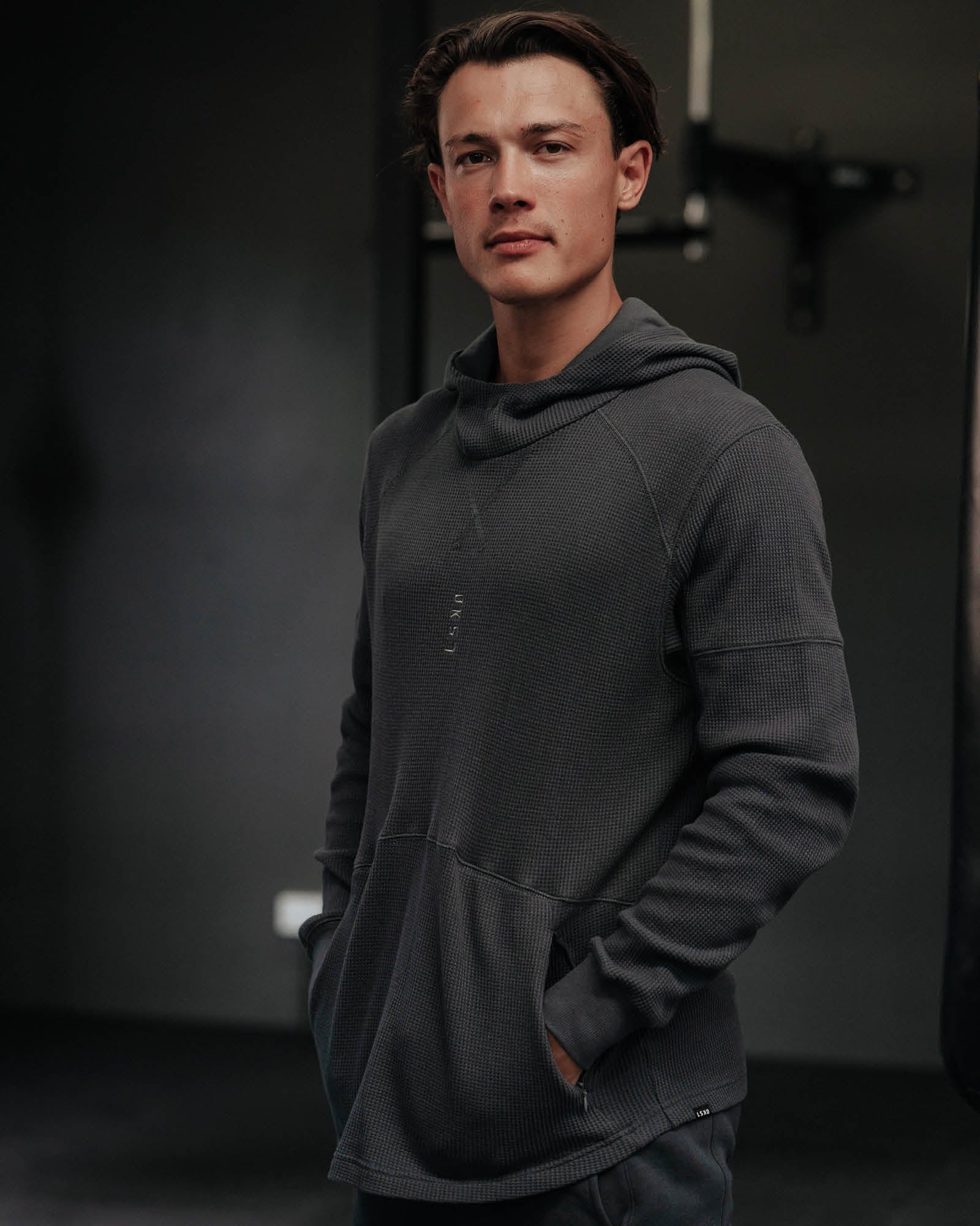 Model wearing 5am Waffle Hood - Turbulence