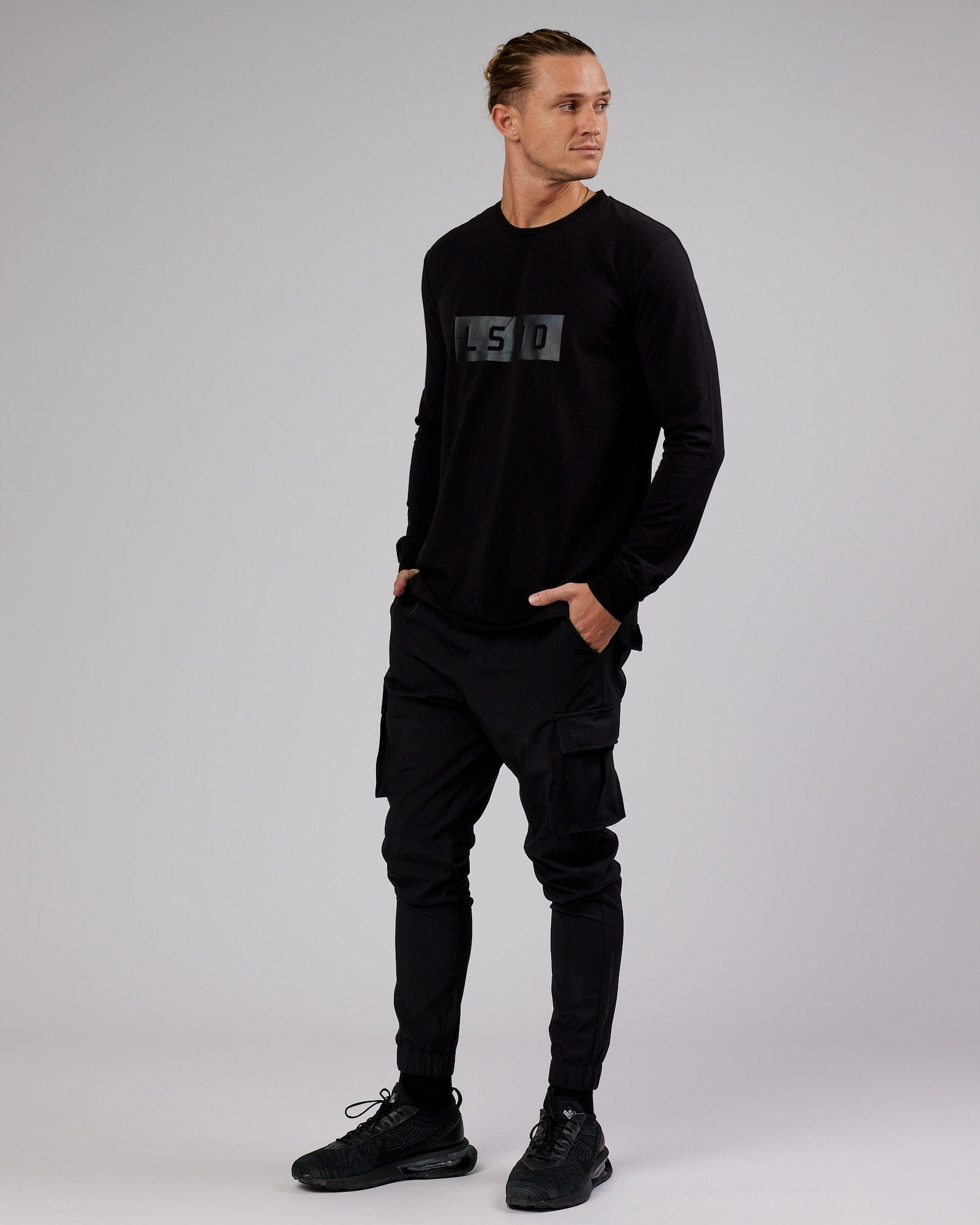 Model wearing Strength FLXCotton LS Tee - Black-Black