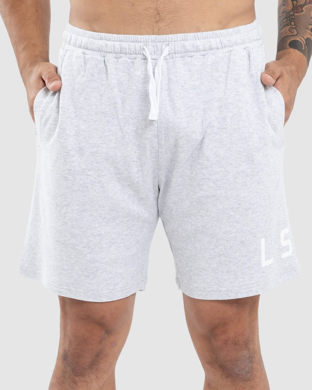 Model wearing Wrap Jersey Short - Lt Grey Marl