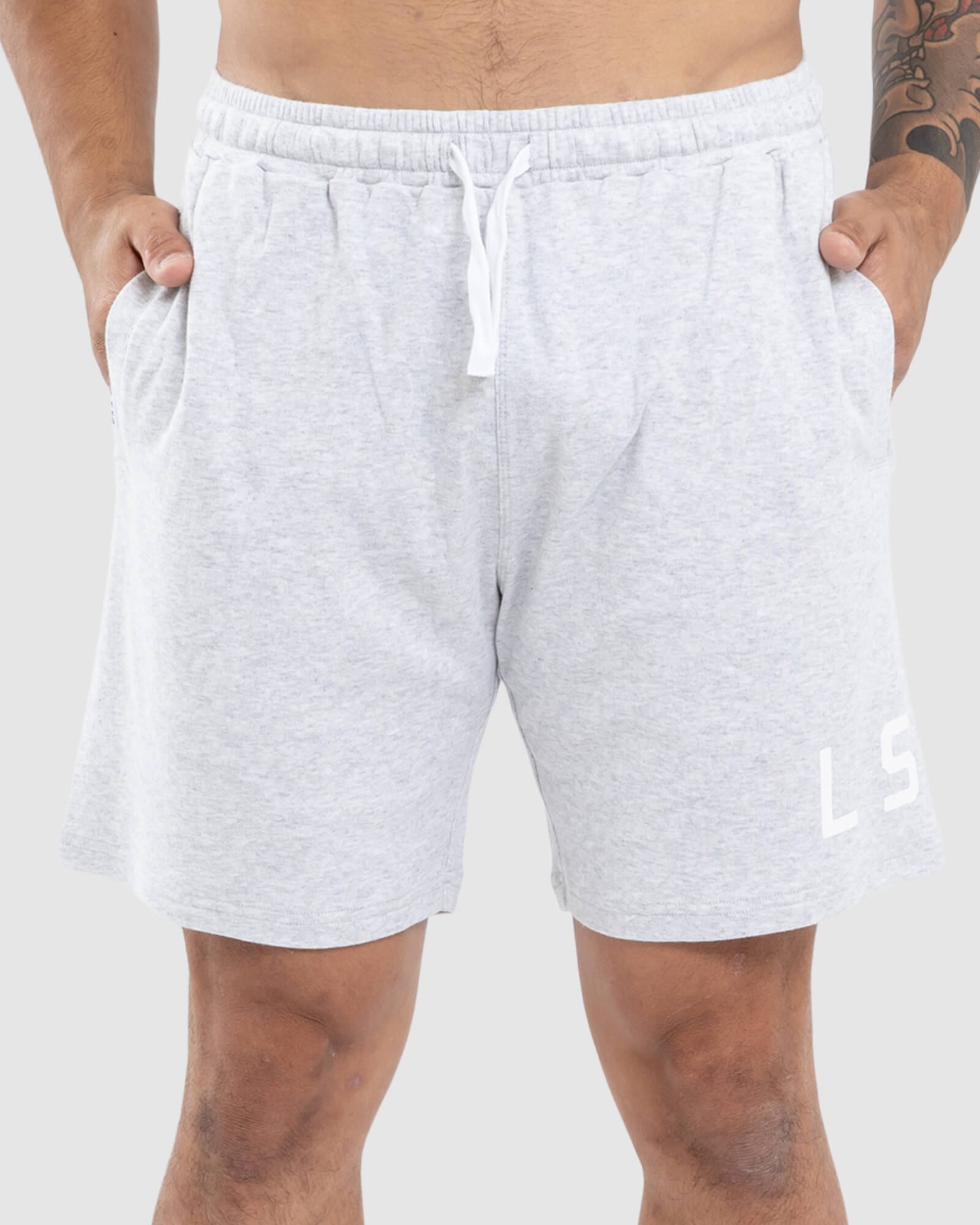 Model wearing Wrap Jersey Short - Lt Grey Marl