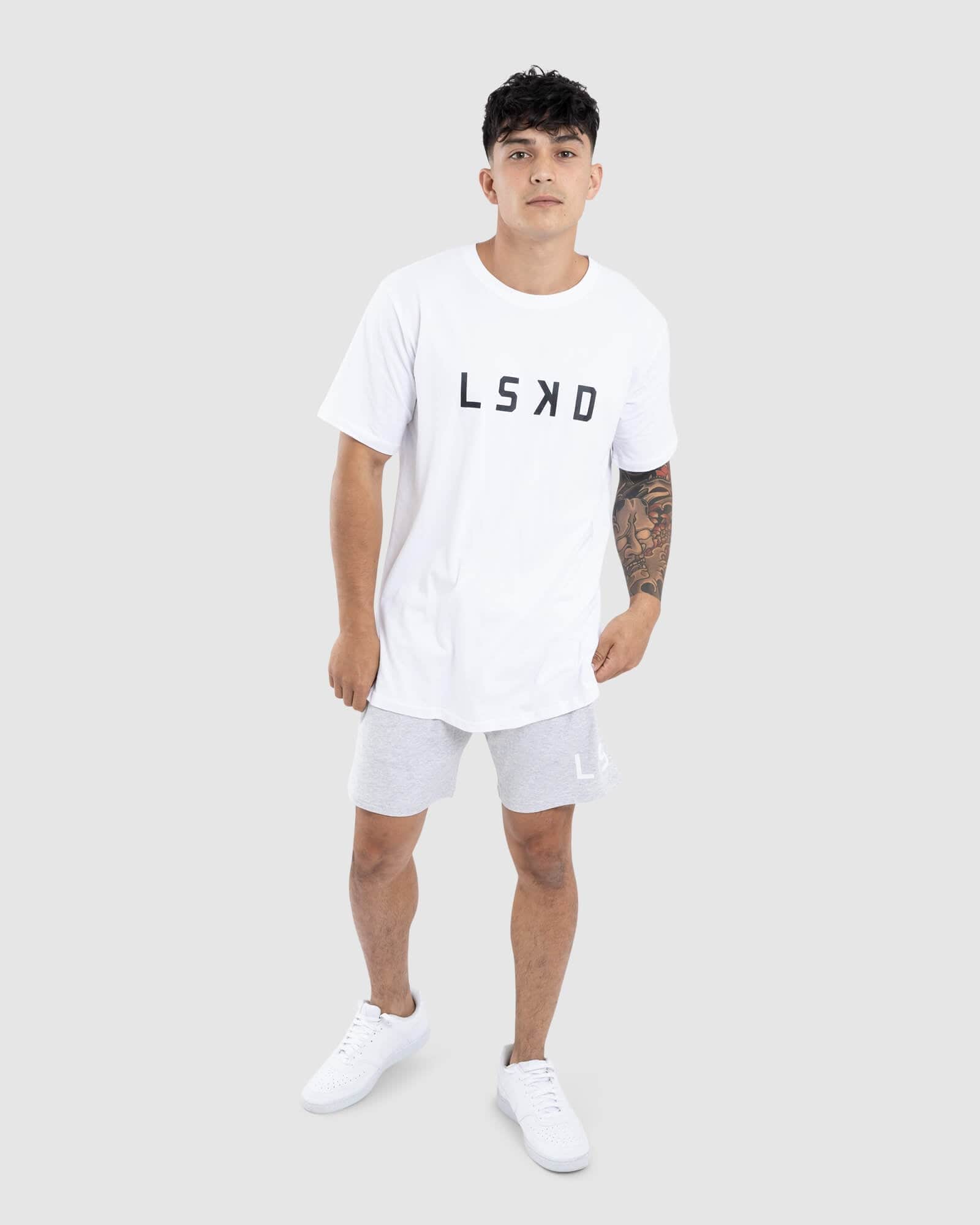 Model wearing Wrap Jersey Short - Lt Grey Marl