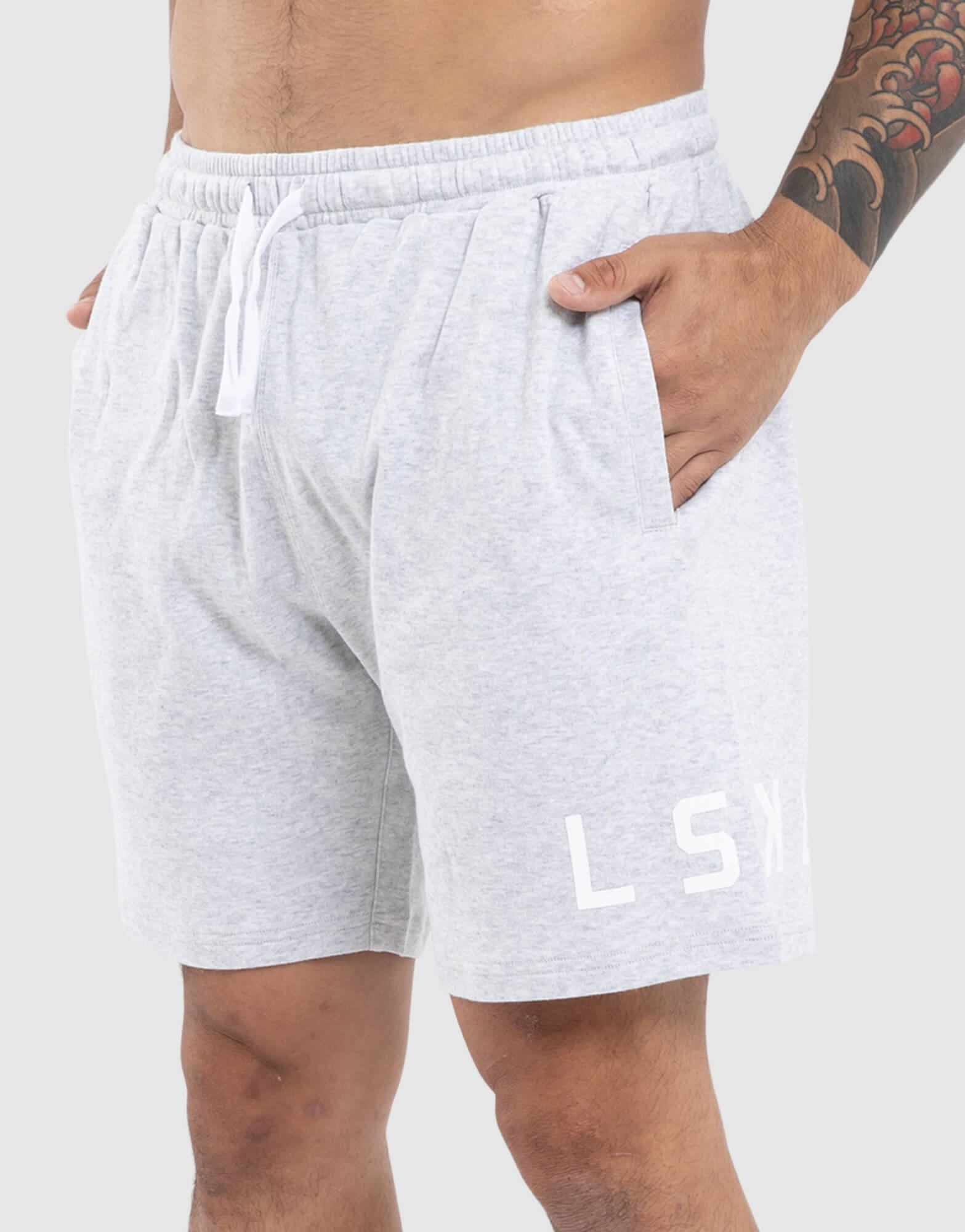 Model wearing Wrap Jersey Short - Lt Grey Marl