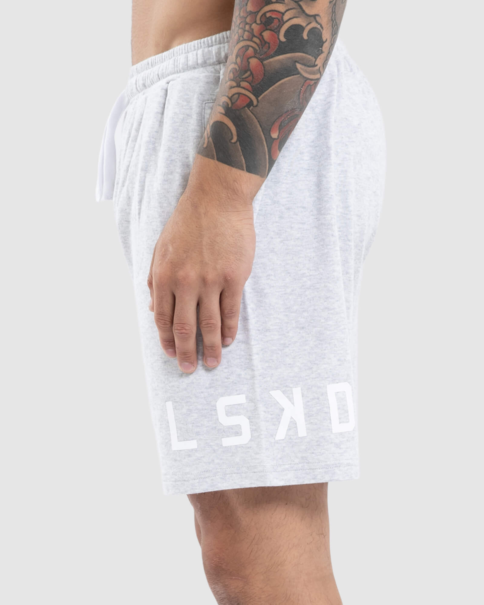 Model wearing Wrap Jersey Short - Lt Grey Marl