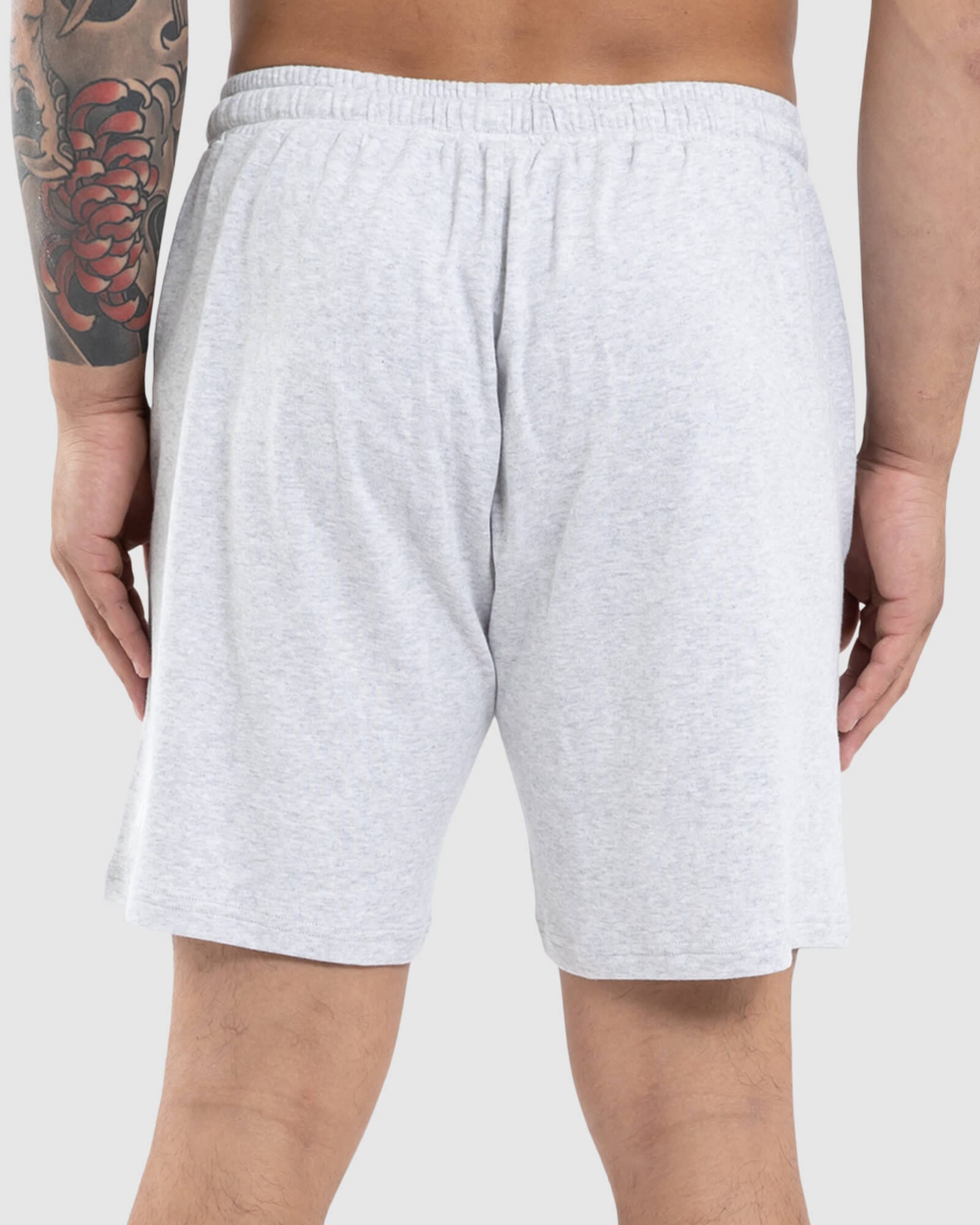 Model wearing Wrap Jersey Short - Lt Grey Marl