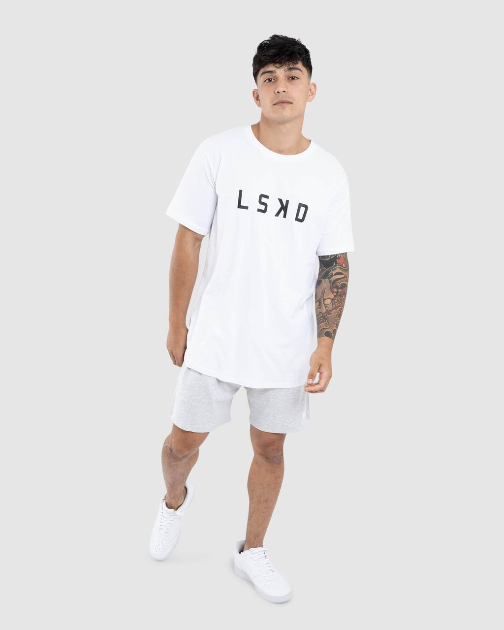 Model wearing Staple Jersey Short - Lt Grey Marl