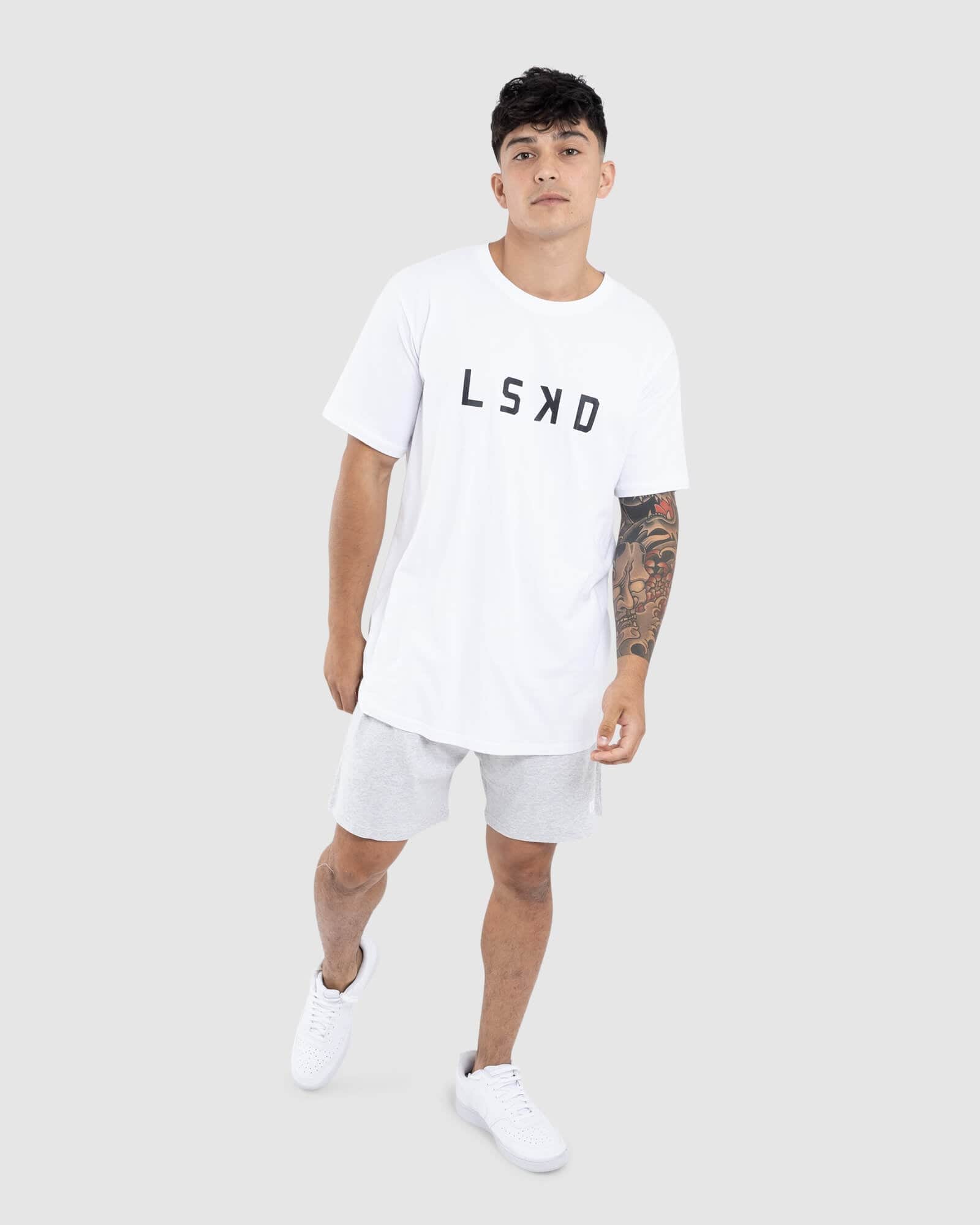 Model wearing Staple Jersey Short - Lt Grey Marl