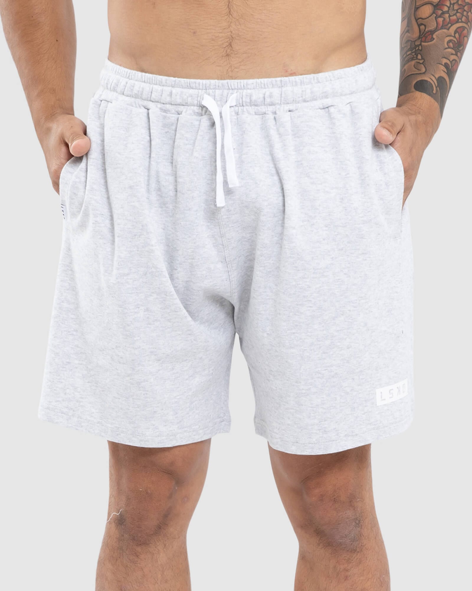 Model wearing Staple Jersey Short - Lt Grey Marl