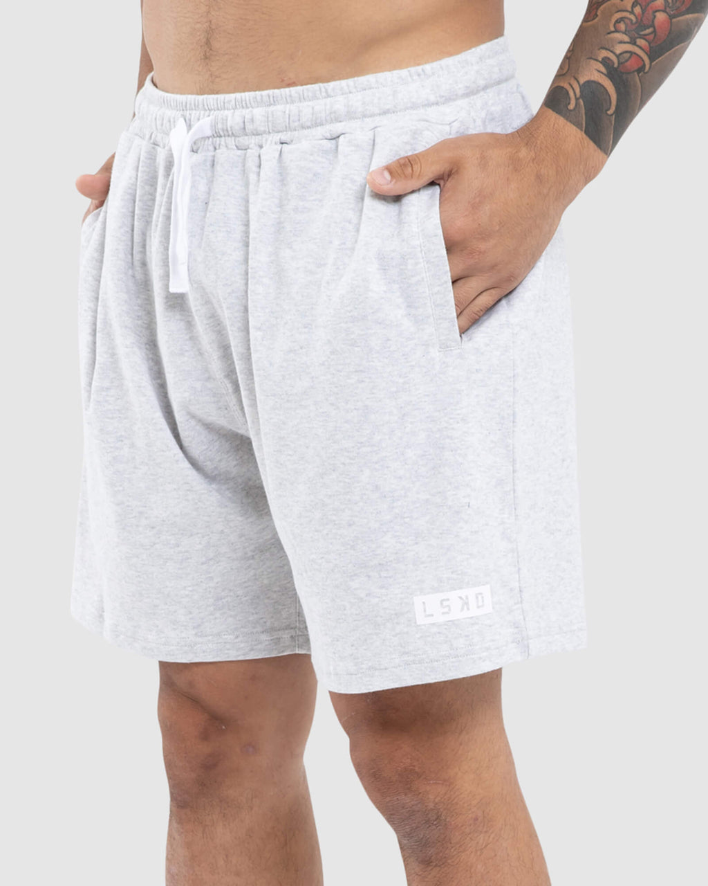 Model wearing Staple Jersey Short - Lt Grey Marl
