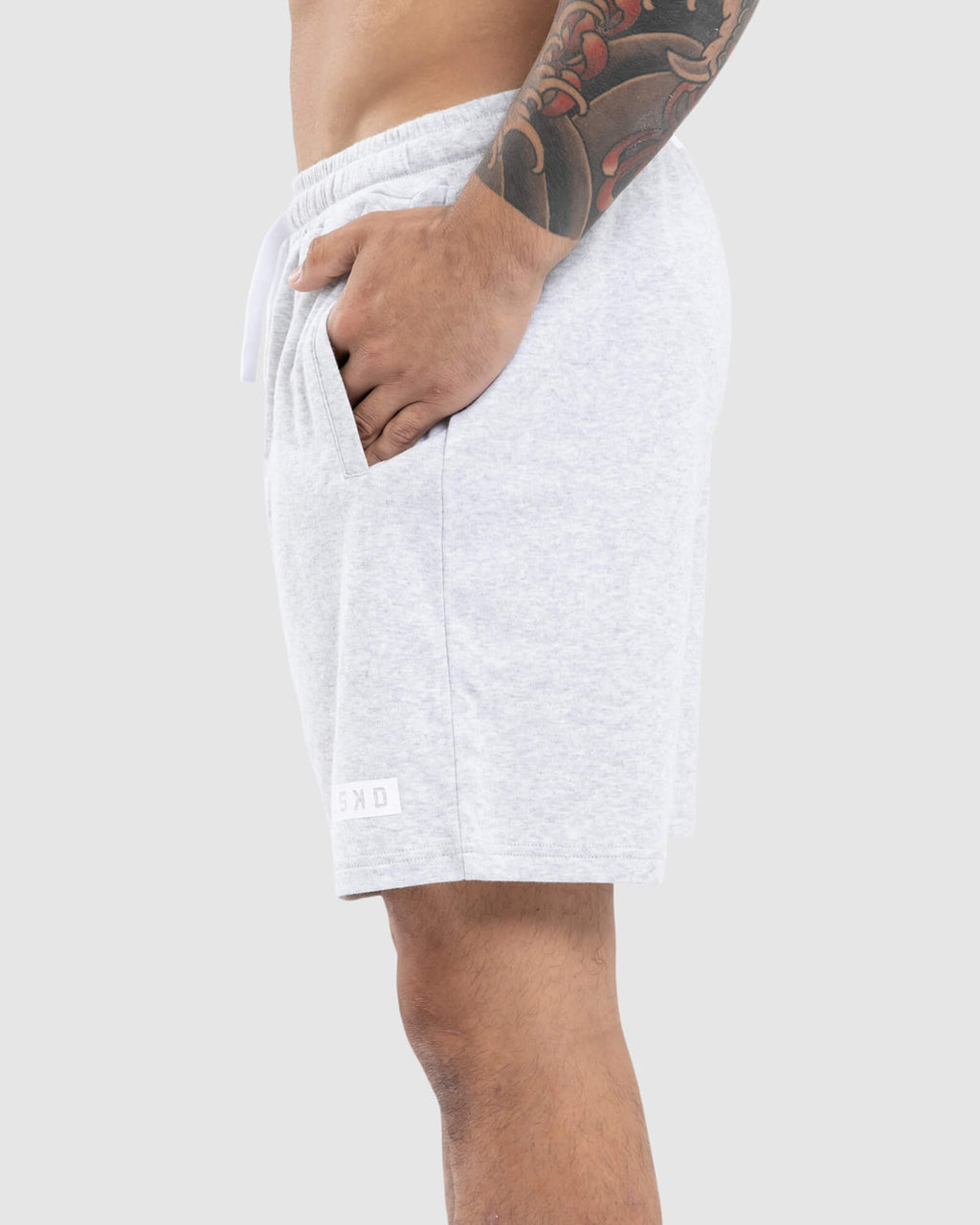 Model wearing Staple Jersey Short - Lt Grey Marl