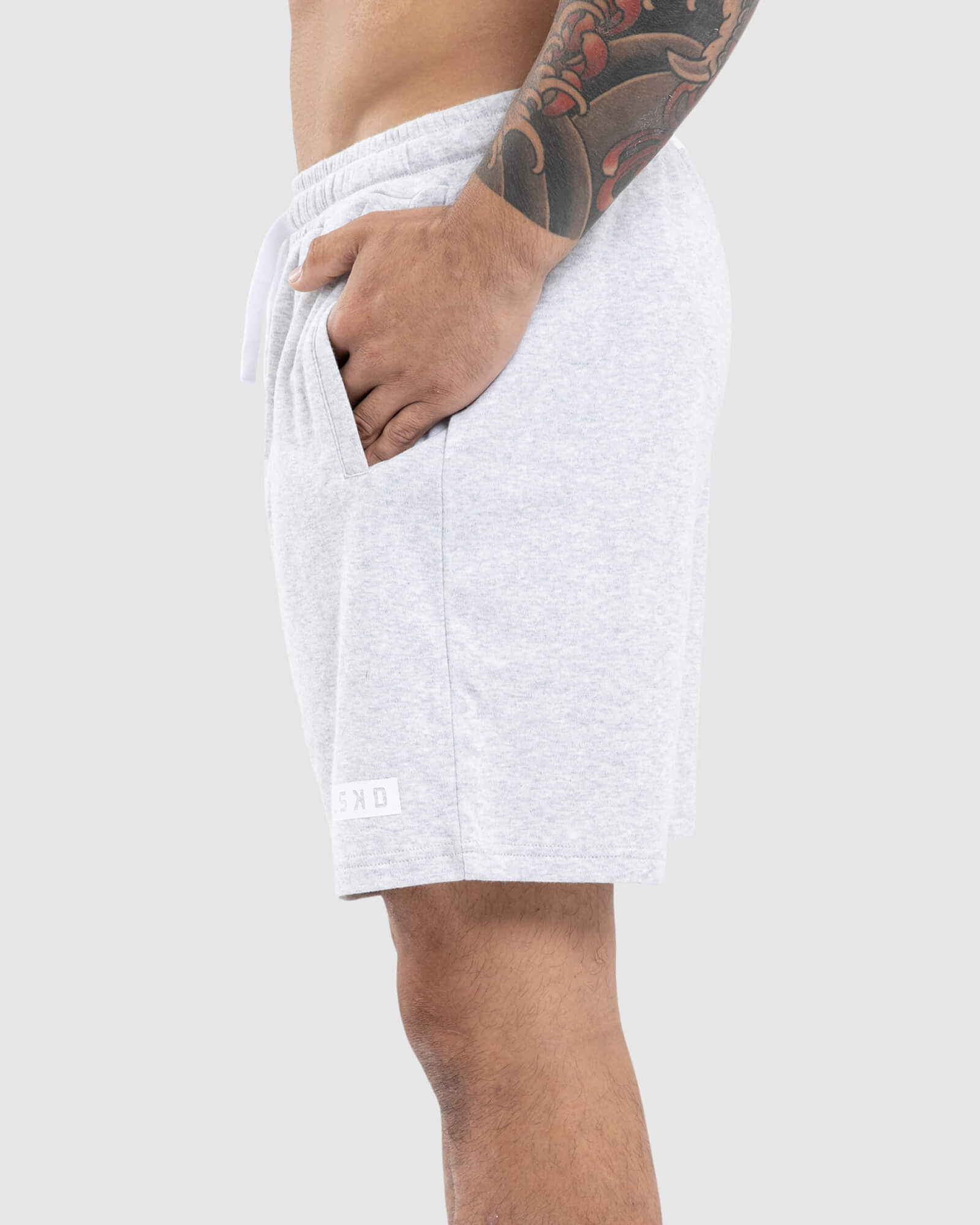 Model wearing Staple Jersey Short - Lt Grey Marl