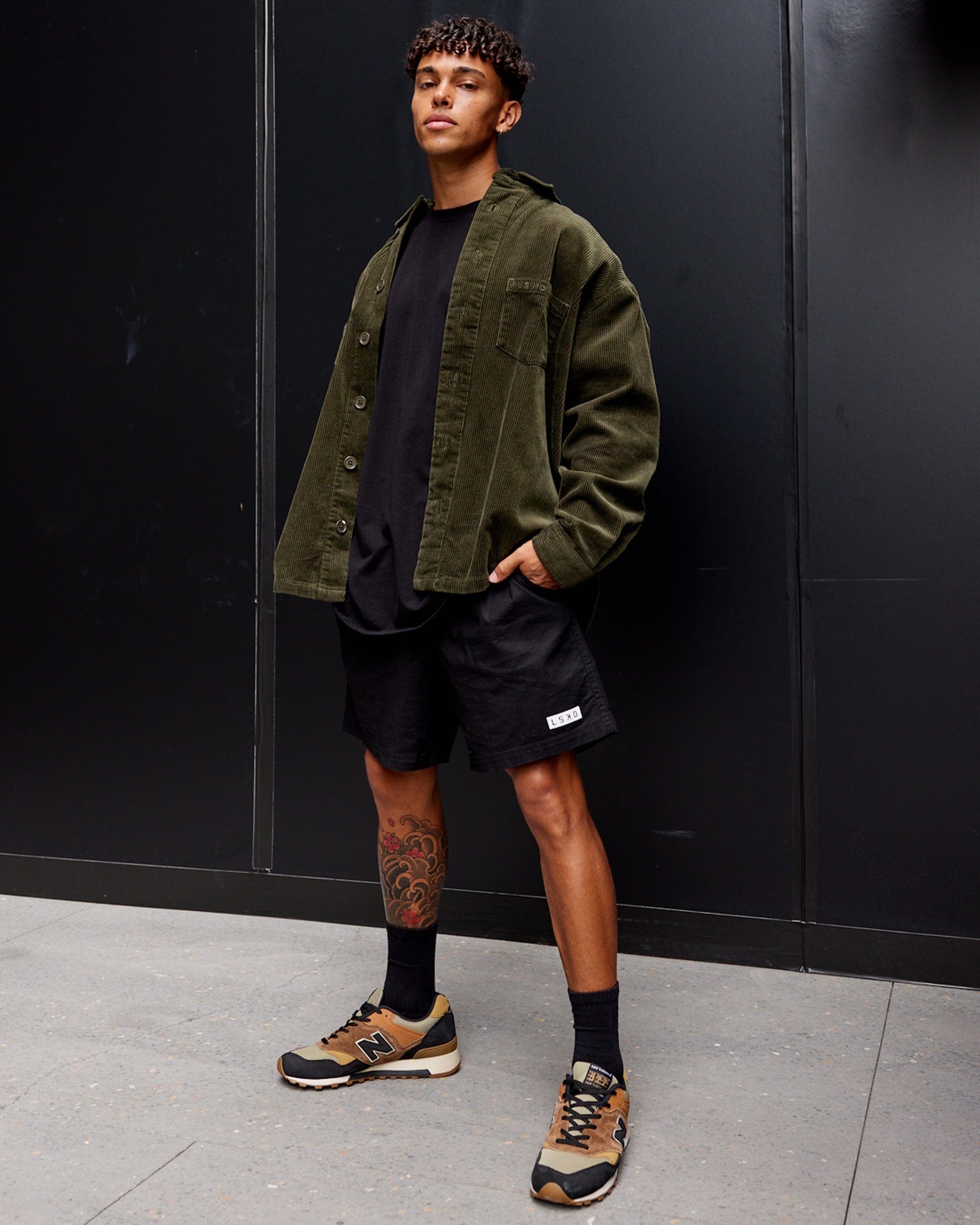 Model wearing Iconic Cord Shacket - Forest Night