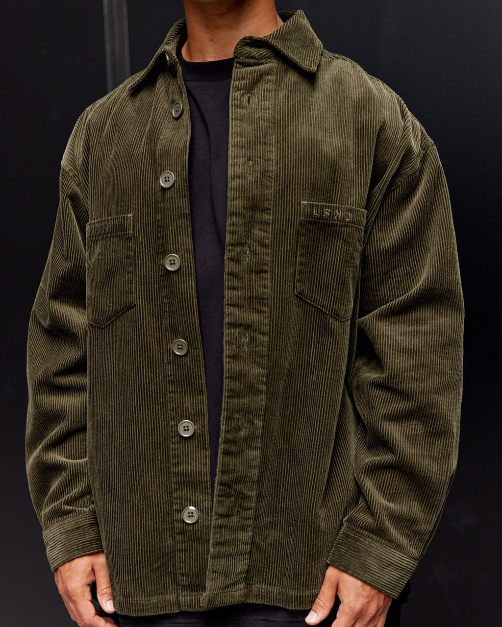 Model wearing Iconic Cord Shacket - Forest Night