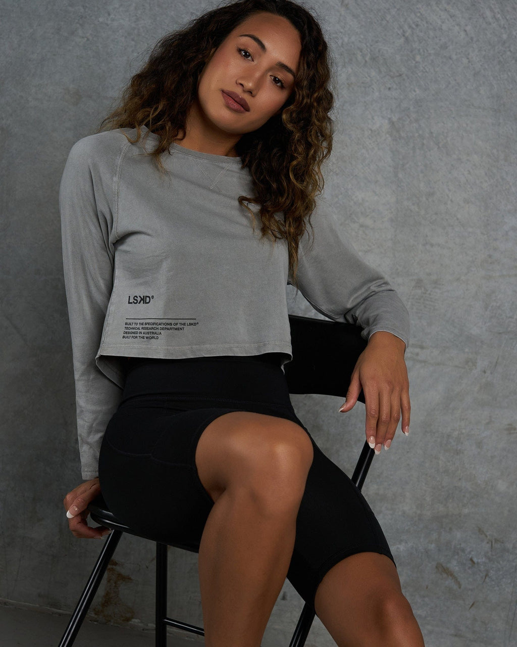 Model wearing Crew LS Top - Pigment Pewter