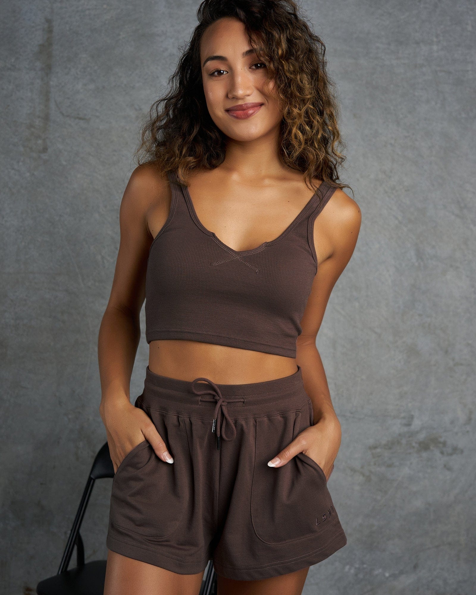Model wearing Field Ribbed Tank - Peppercorn