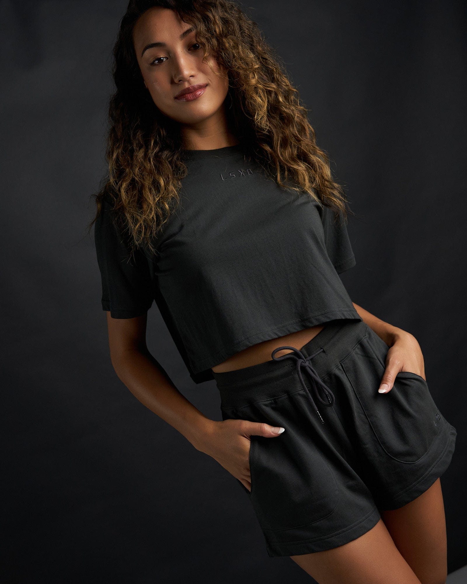 Model wearing Field Crop Tee - Pirate Black