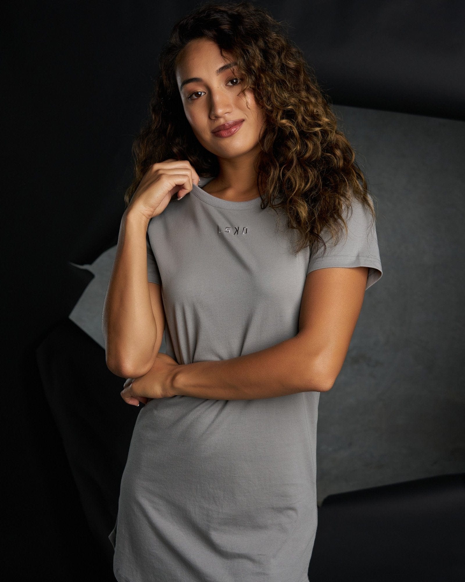 Model wearing Field Tee Dress - Frost Grey