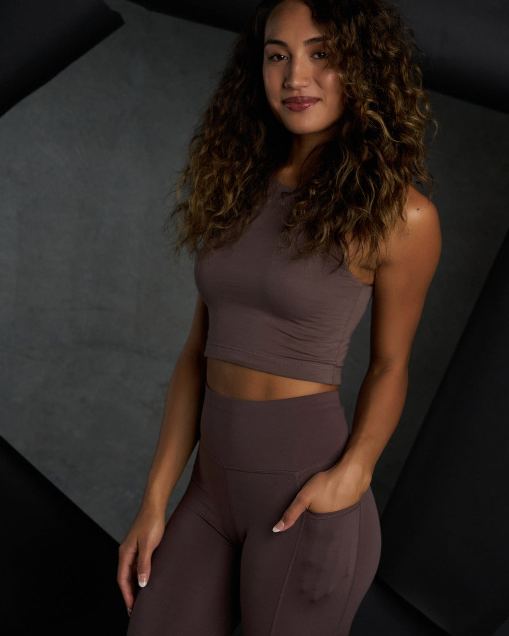 Model wearing Warm-Up Tank - Peppercorn