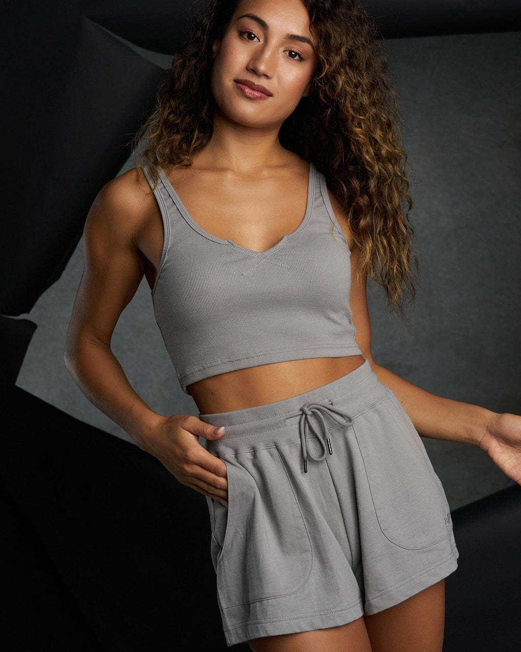 Model wearing Field Ribbed Tank - Frost Grey