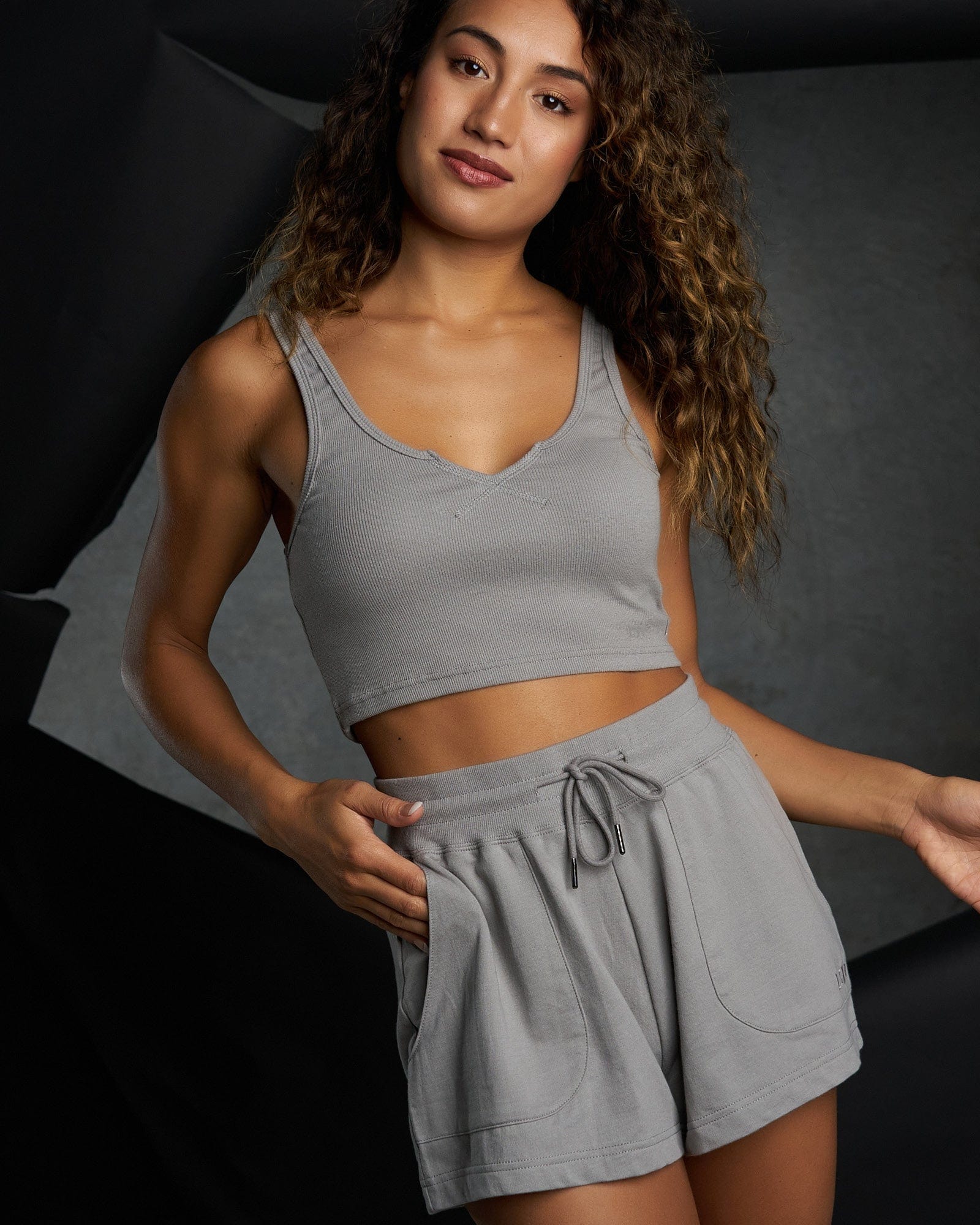 Model wearing Field Ribbed Tank - Frost Grey