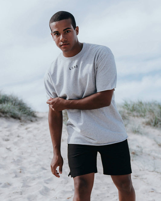 Model wearing Lift Heavyweight Tee Oversize - Lt Grey Marl