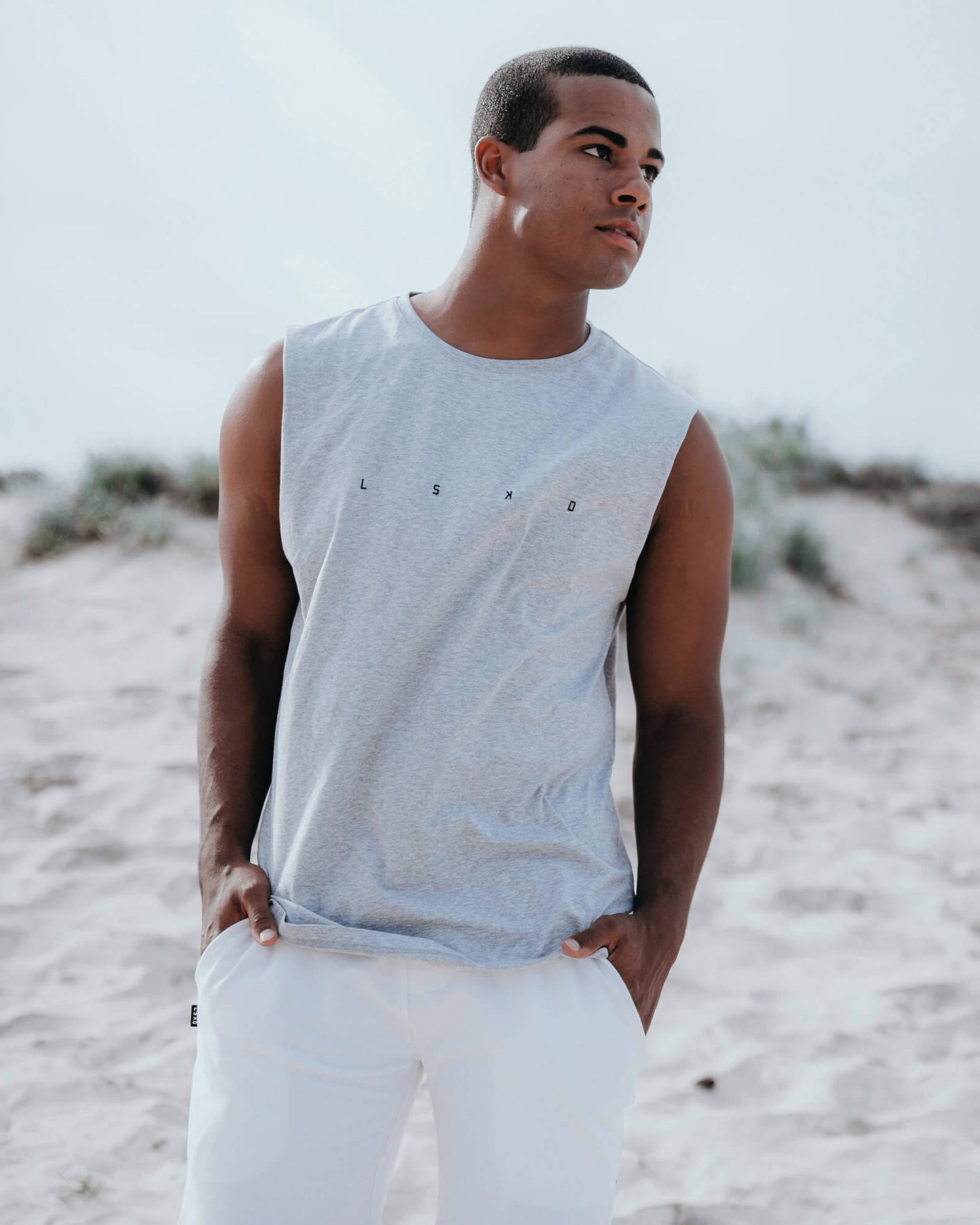 Model wearing Race Tank - Lt Grey Marl