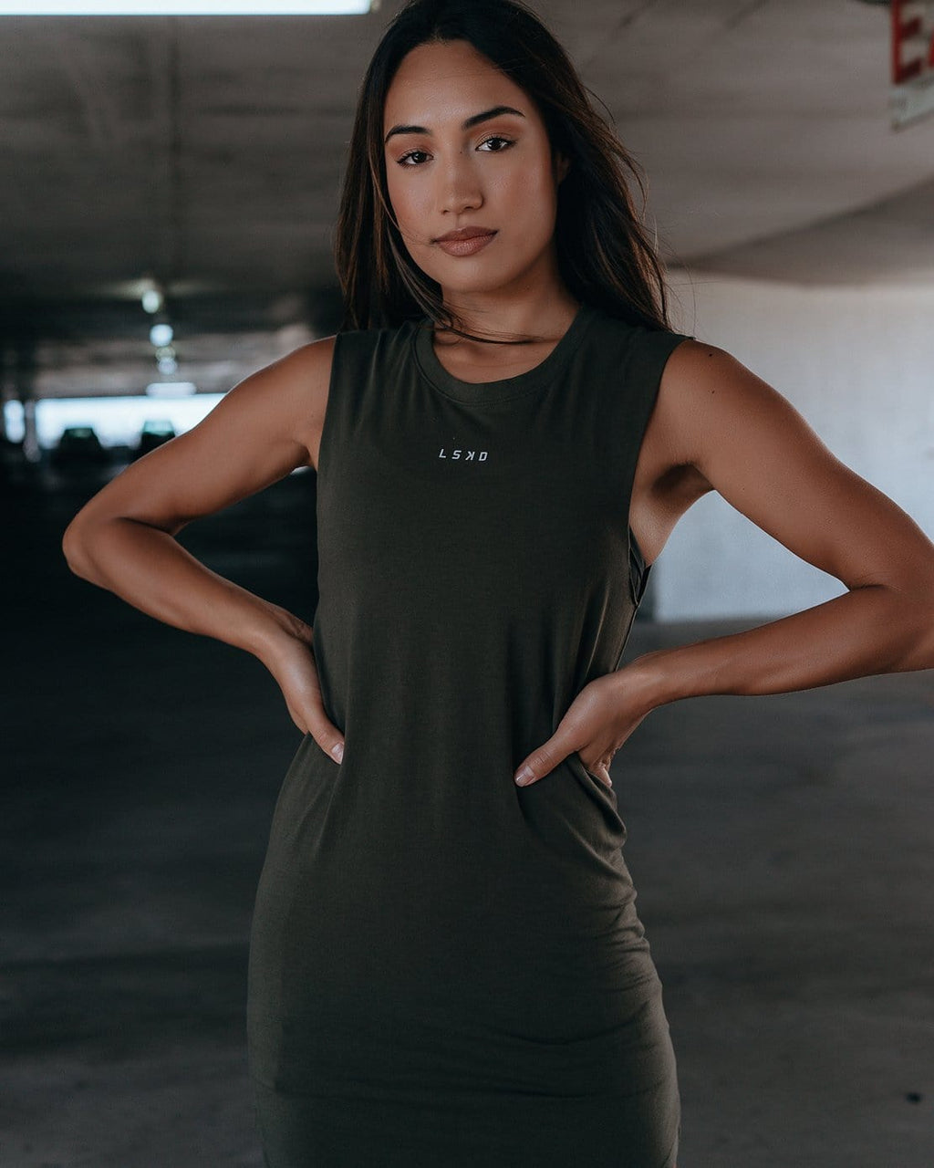 Model wearing Base Tank Dress - Forest Night