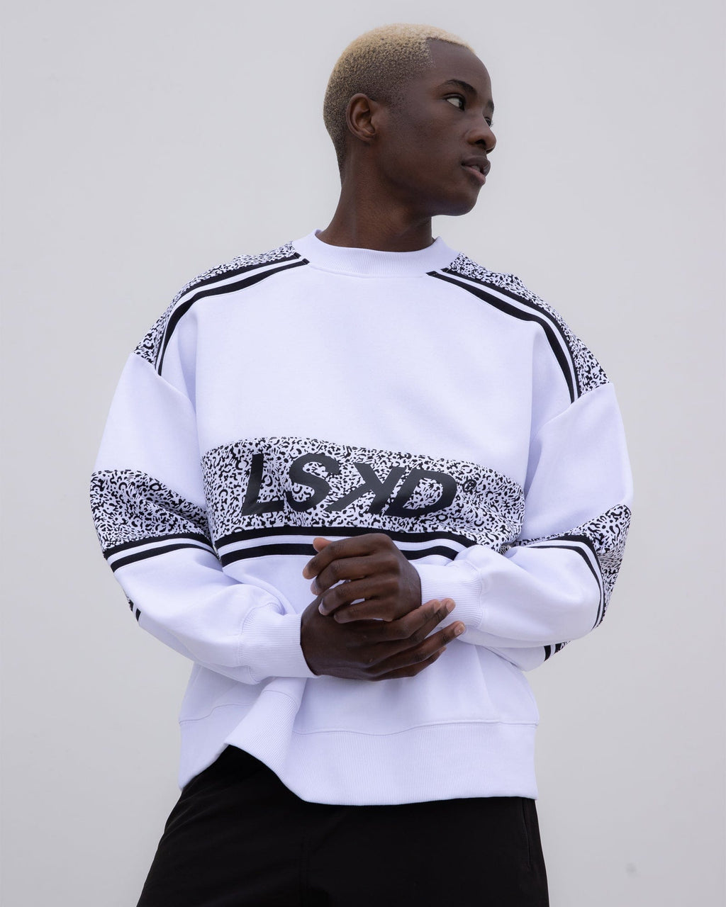Model wearing Unisex A-Team Oversize Sweater - Spotty White-Black