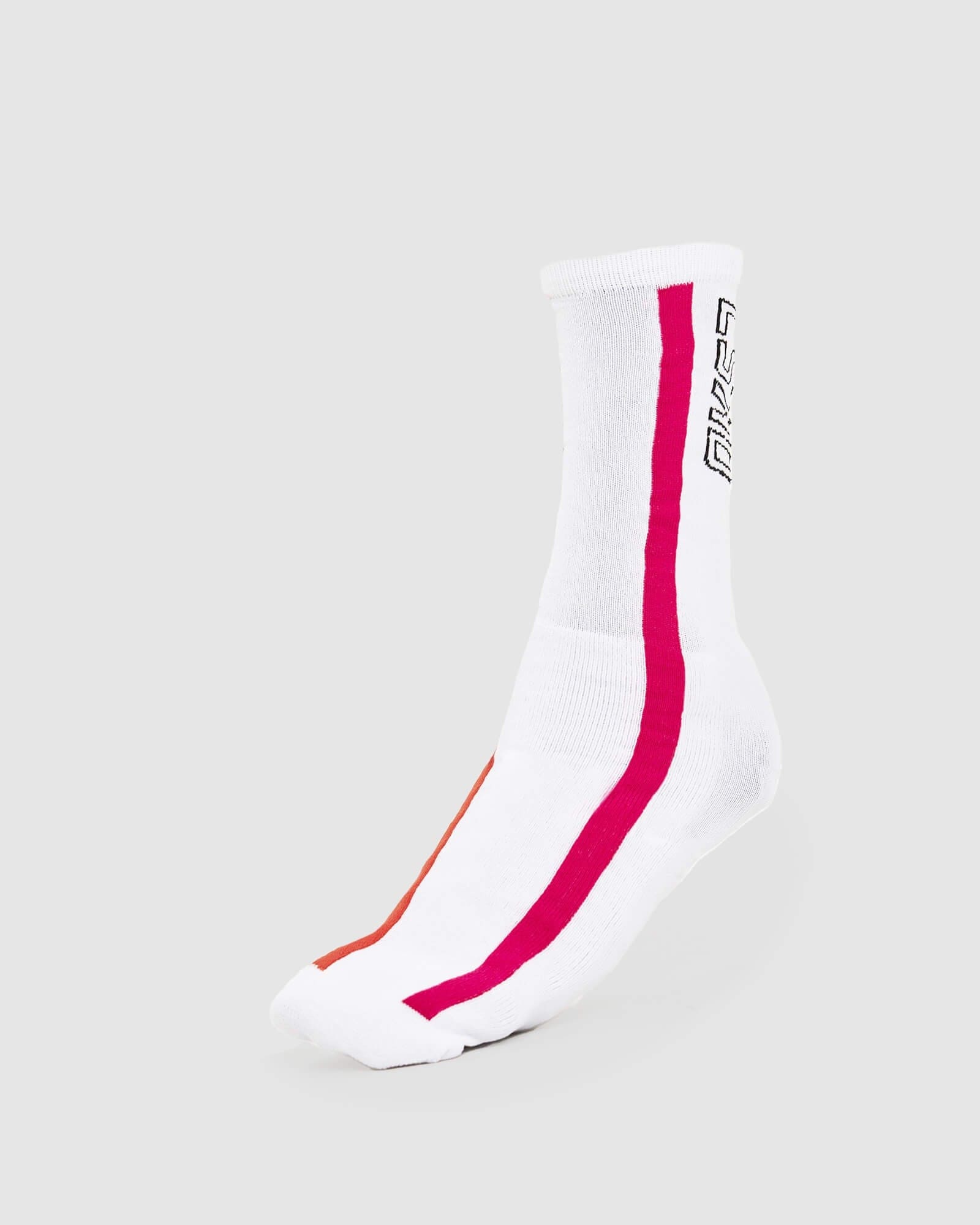 Model wearing Incline Crew Performance Sock - White-Fruit Punch