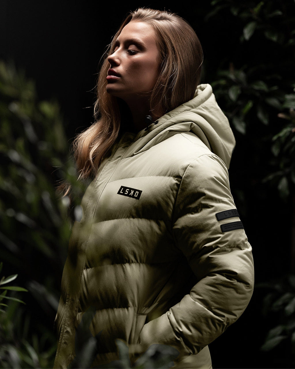 Model wearing Roasted Puffer Jacket 21  - Stone