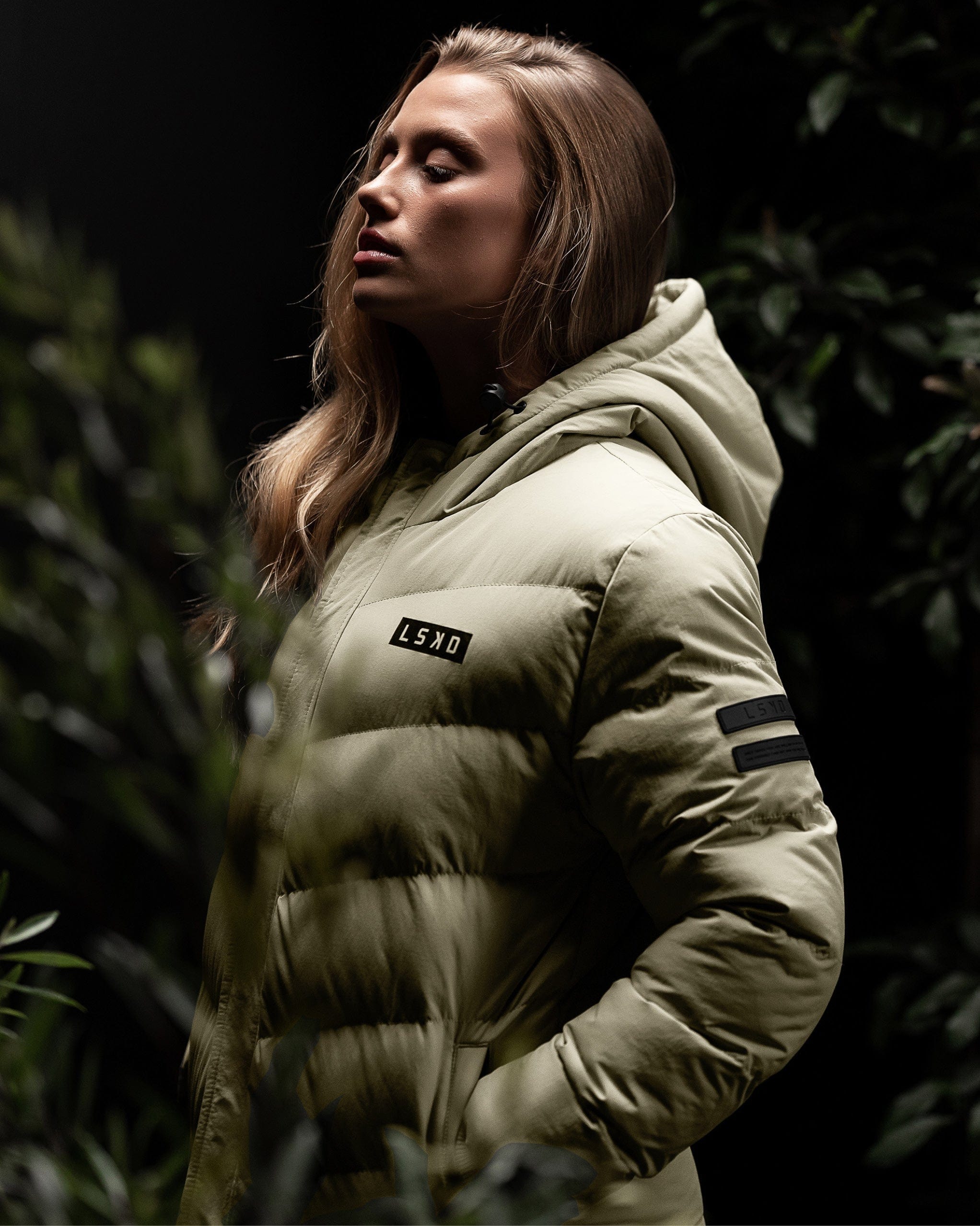 Model wearing Roasted Puffer Jacket 21  - Stone