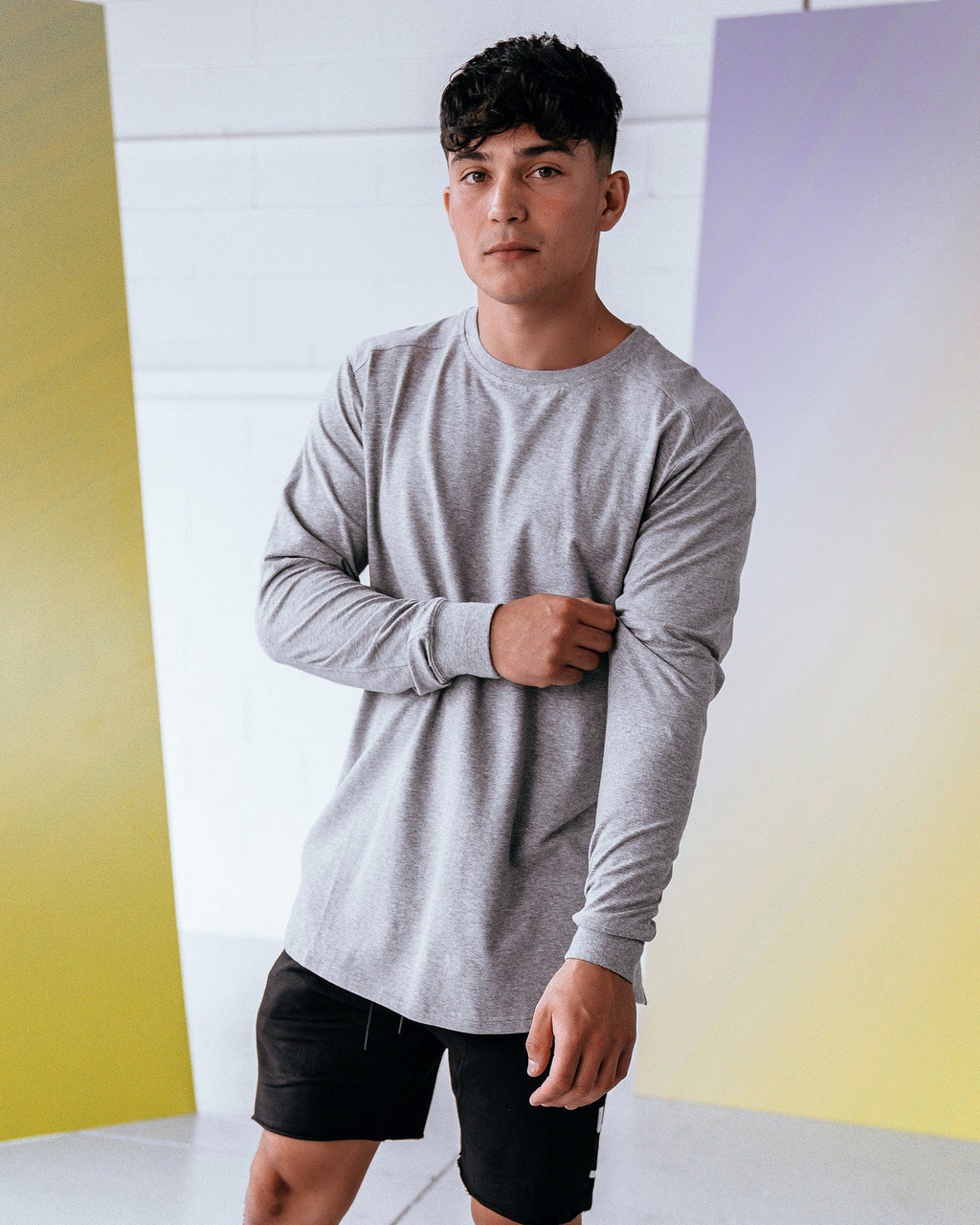 Model wearing Tab LS Tee - Lt Grey Marl