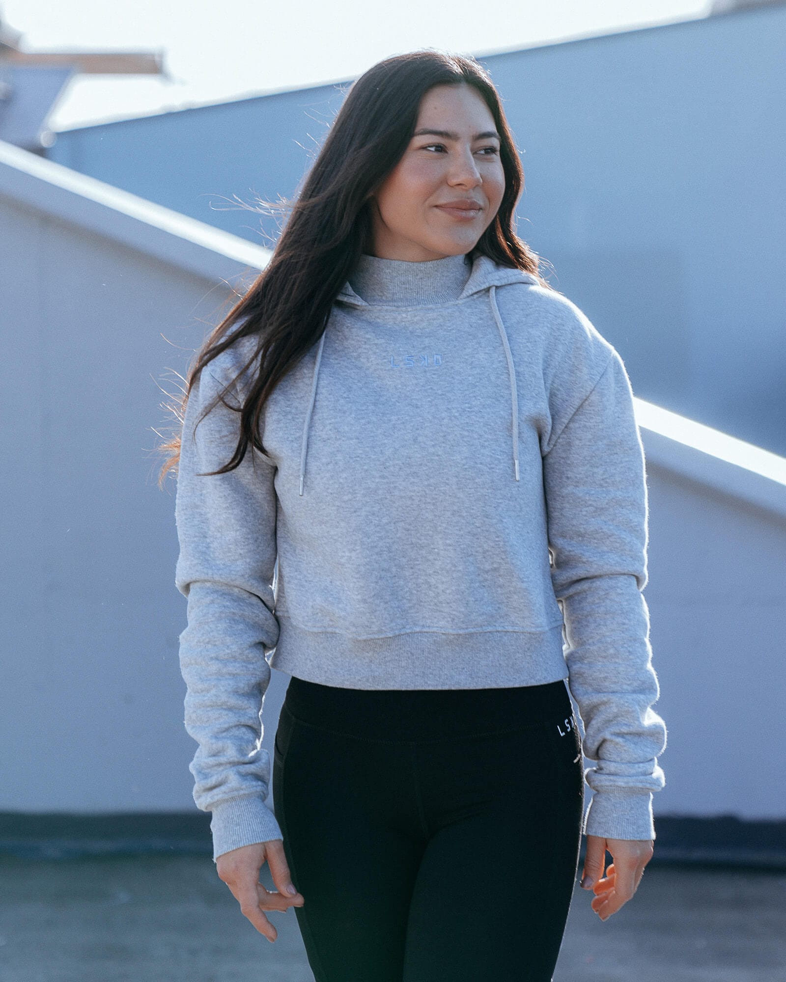 Model wearing Level Up Hoodie - Lt Grey Marl