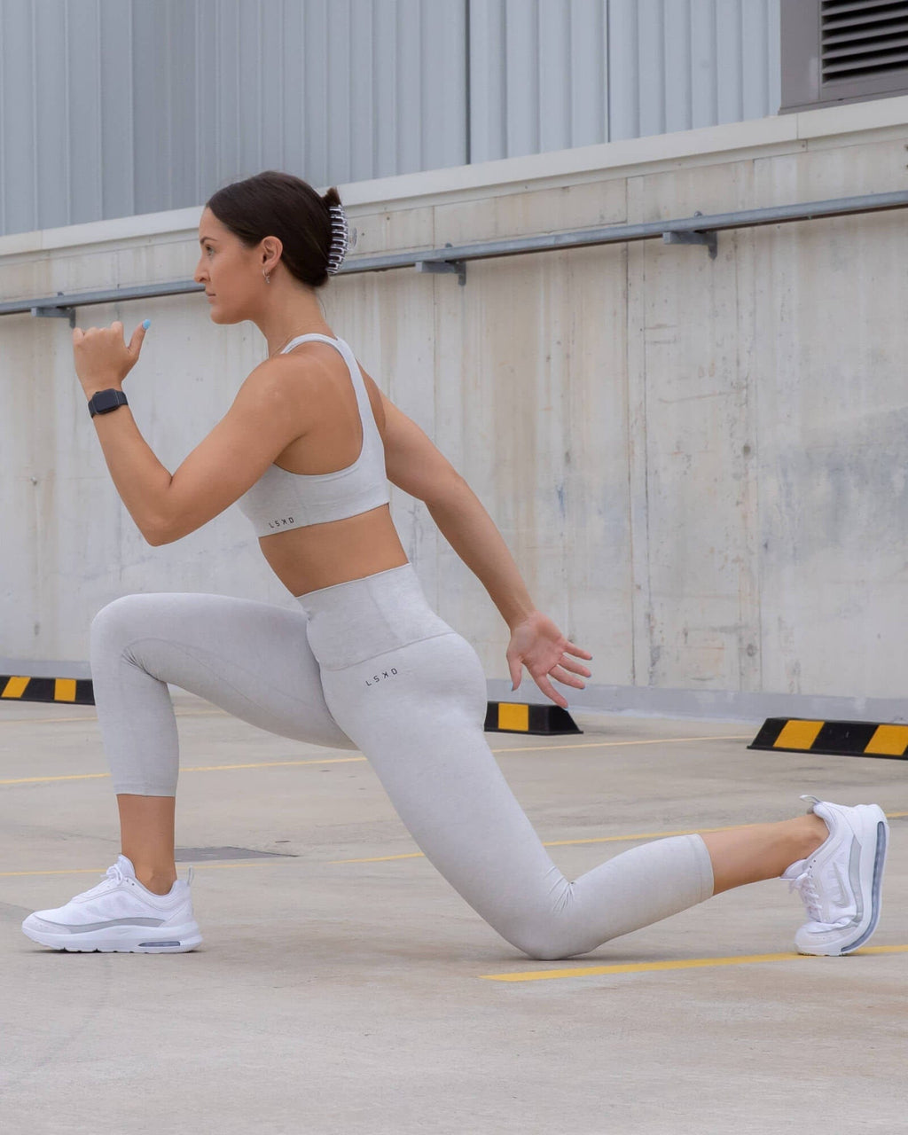 Model wearing Base 7/8 Length Tight - Lt Grey Marl