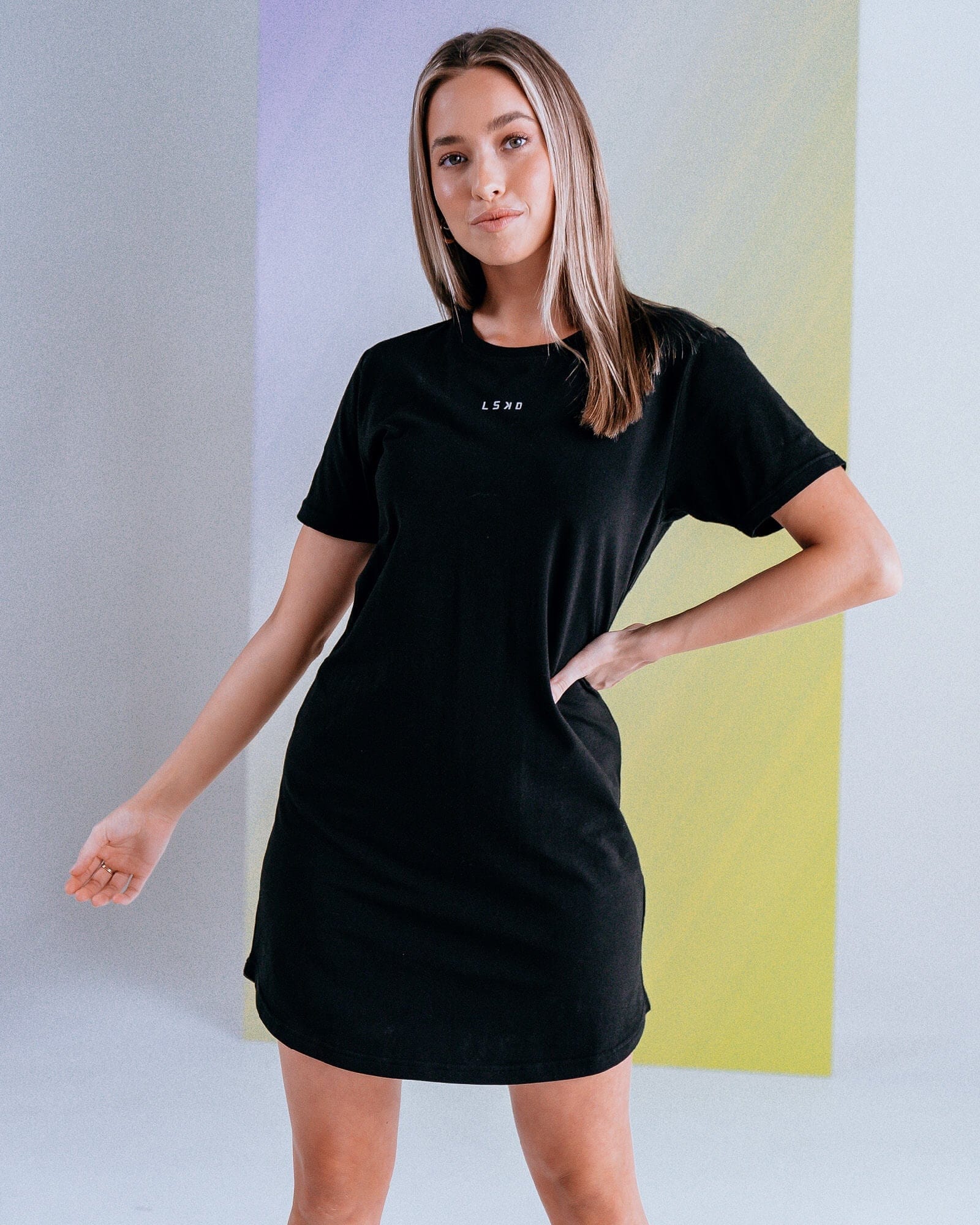 Model wearing Base Tee Dress - Black