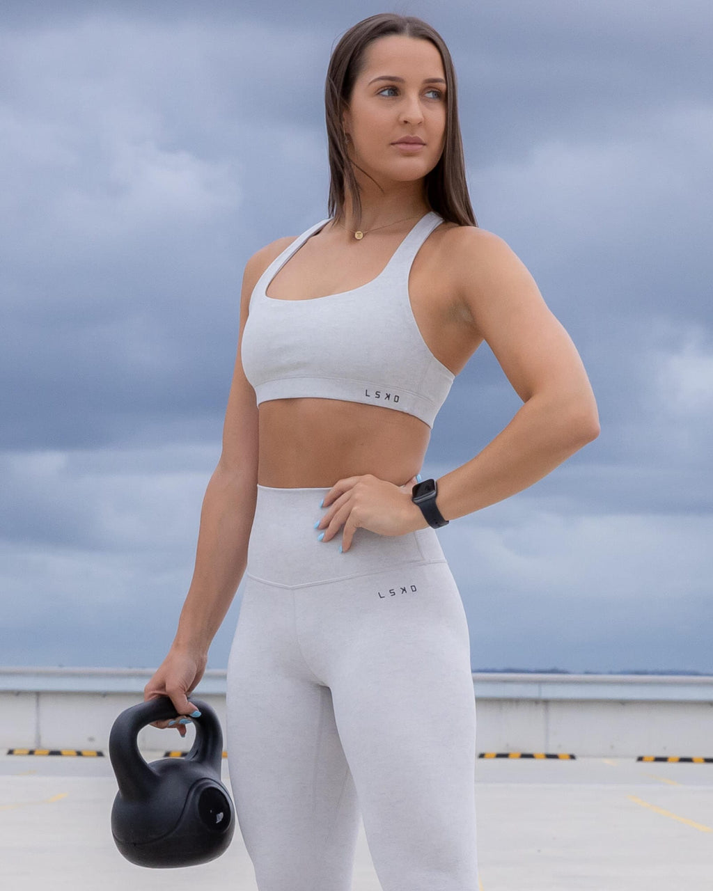Model wearing Base Sports Bra - Lt Grey Marl
