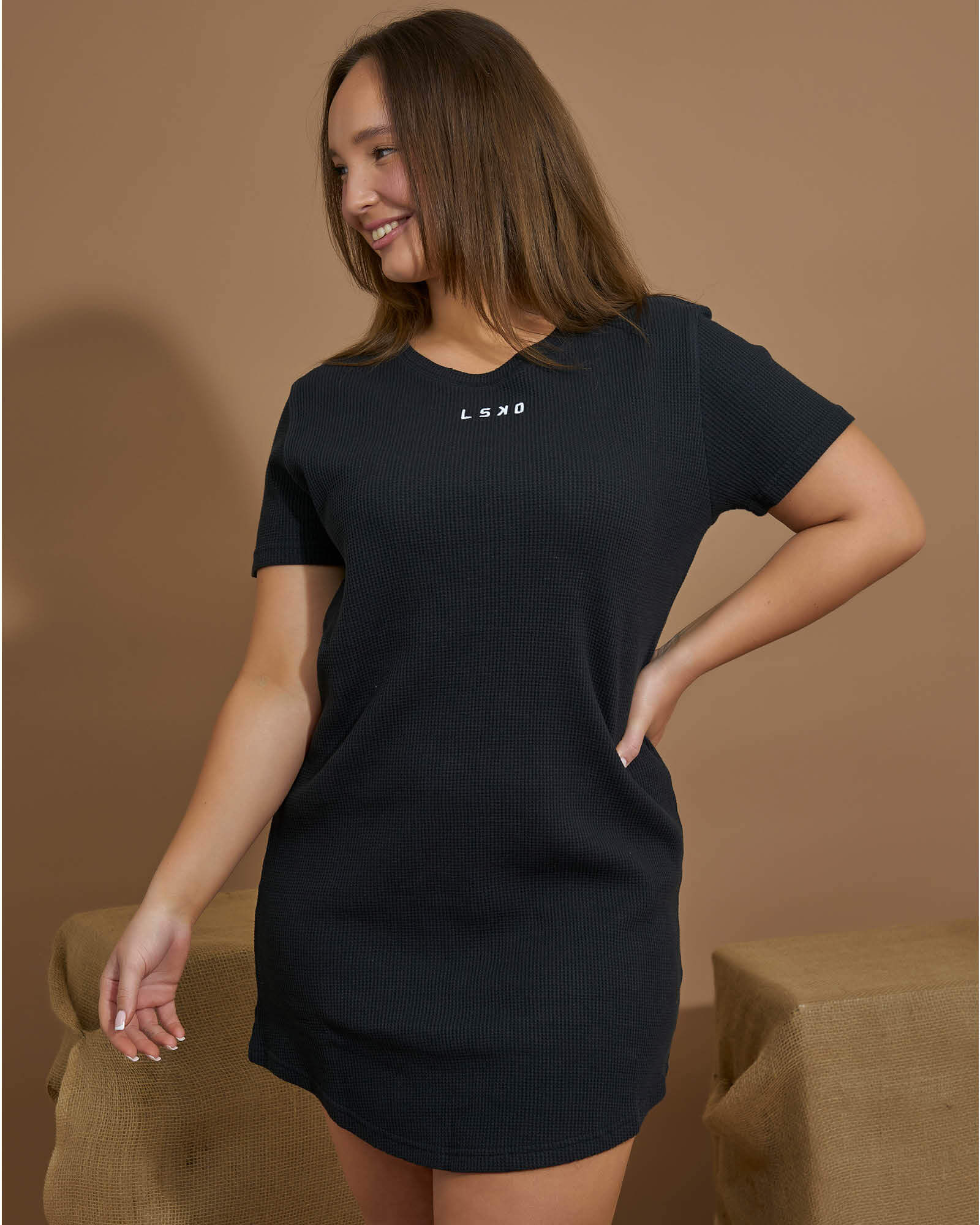 Model wearing Field Waffle Dress - Black