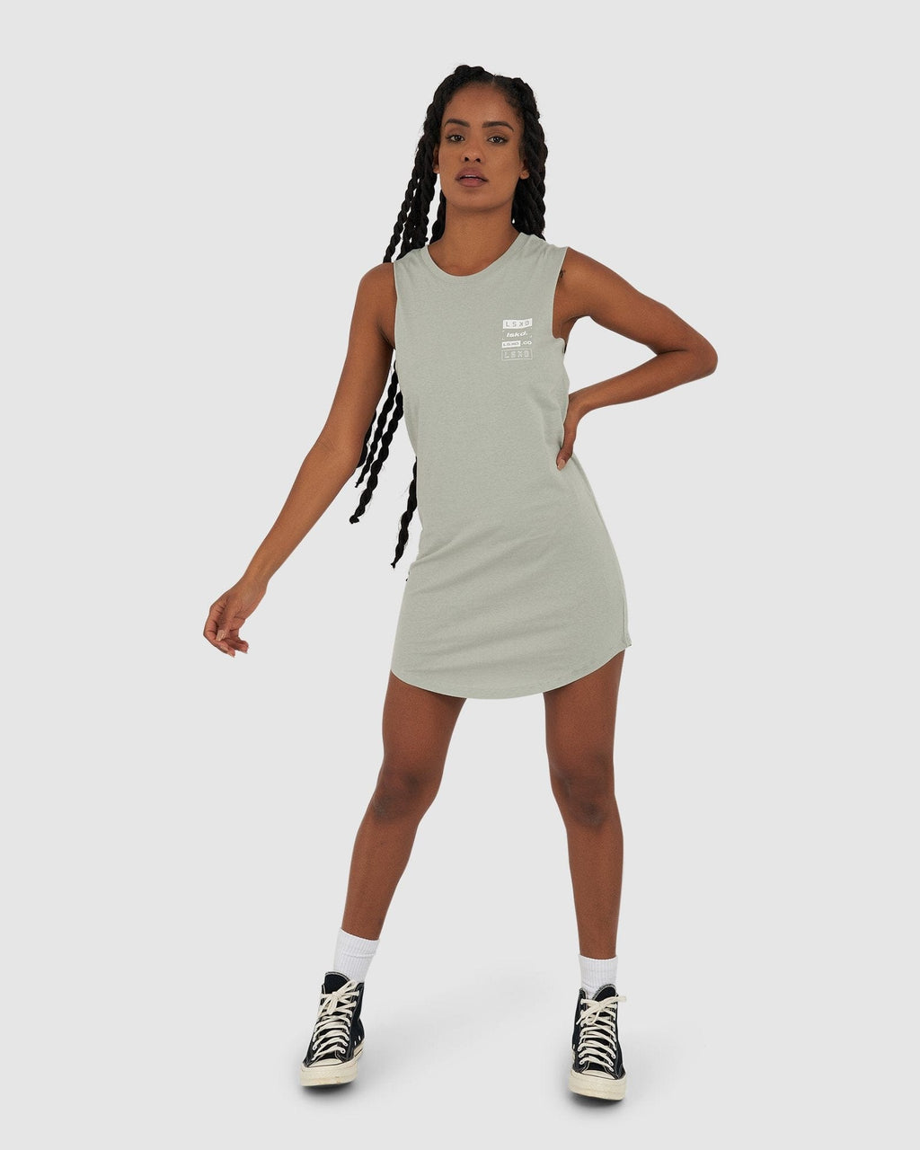 Model wearing Cube Tank Dress - Mineral