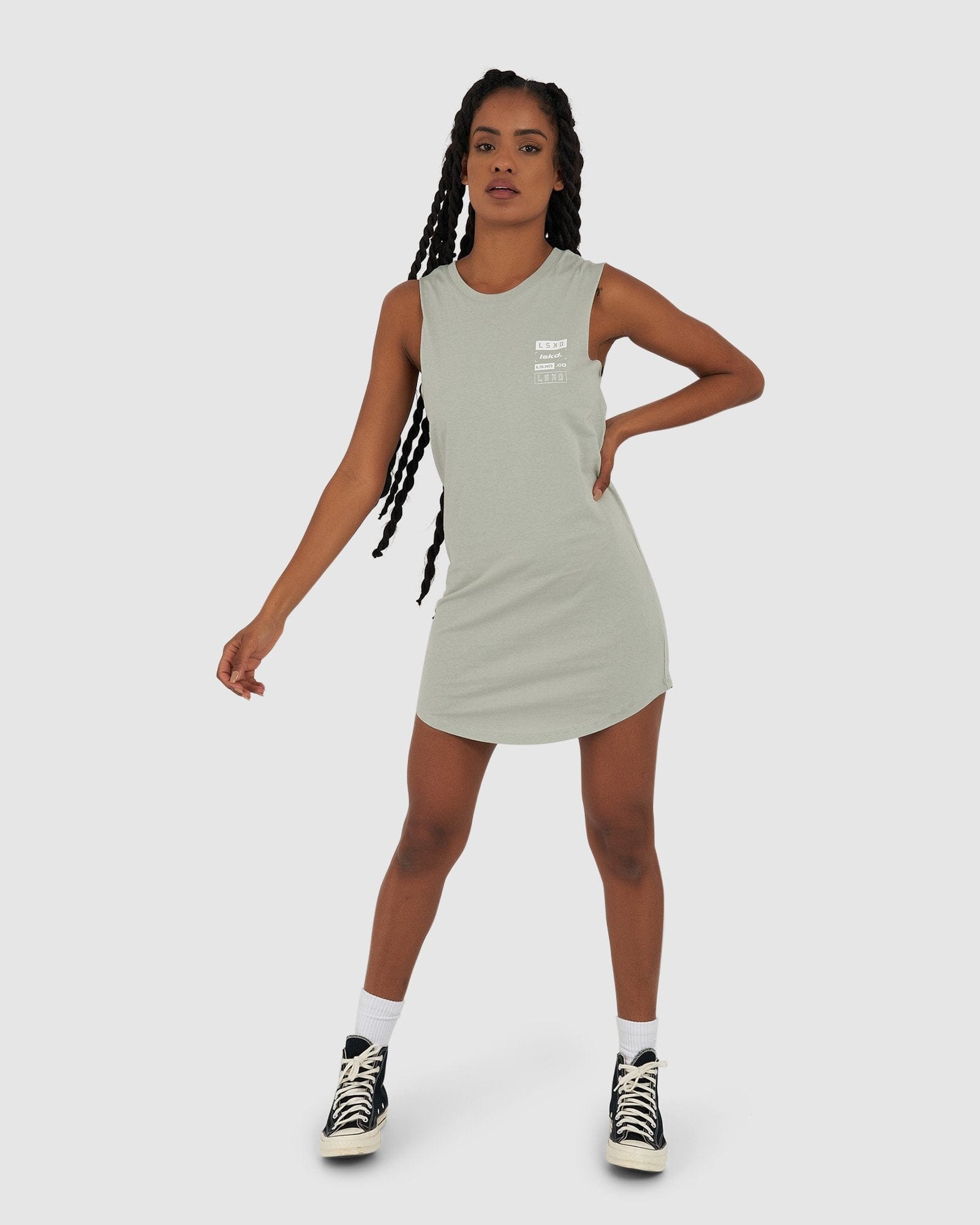 Model wearing Cube Tank Dress - Mineral