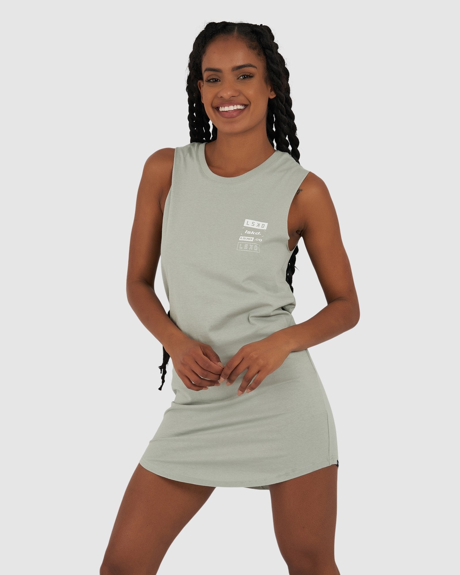 Model wearing Cube Tank Dress - Mineral