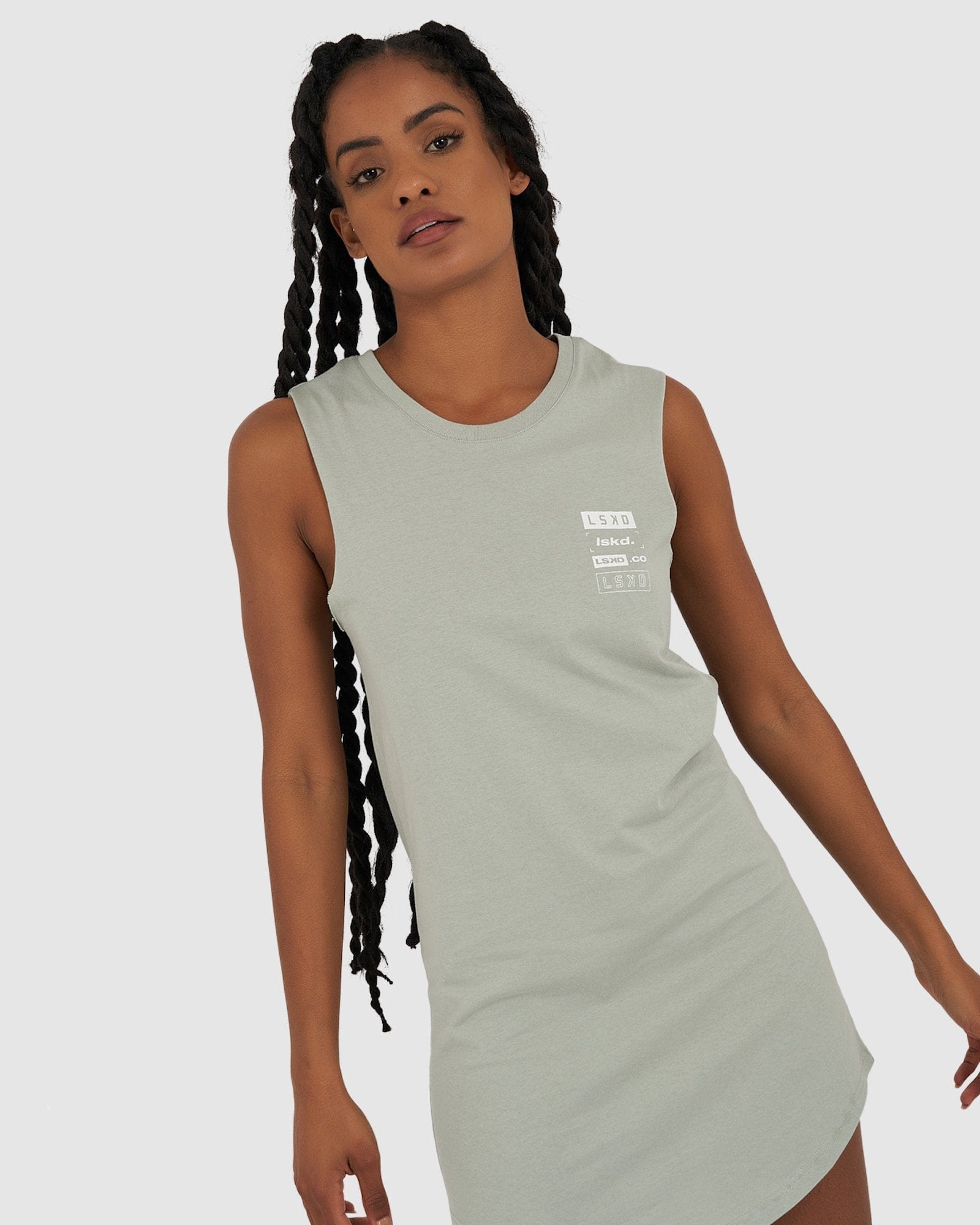 Model wearing Cube Tank Dress - Mineral