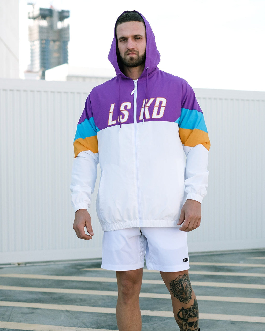 Model wearing Centre Court Track Jacket - White-Electric Lavender