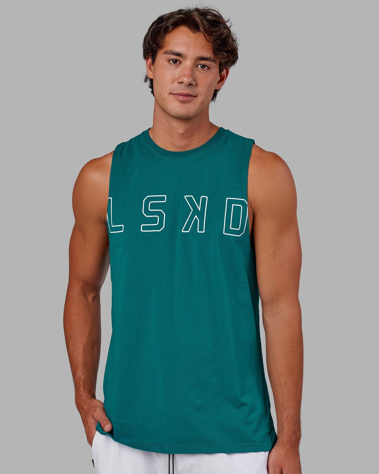 Model wearing Expand FLXCotton Training Fit Tank - Deep Lake