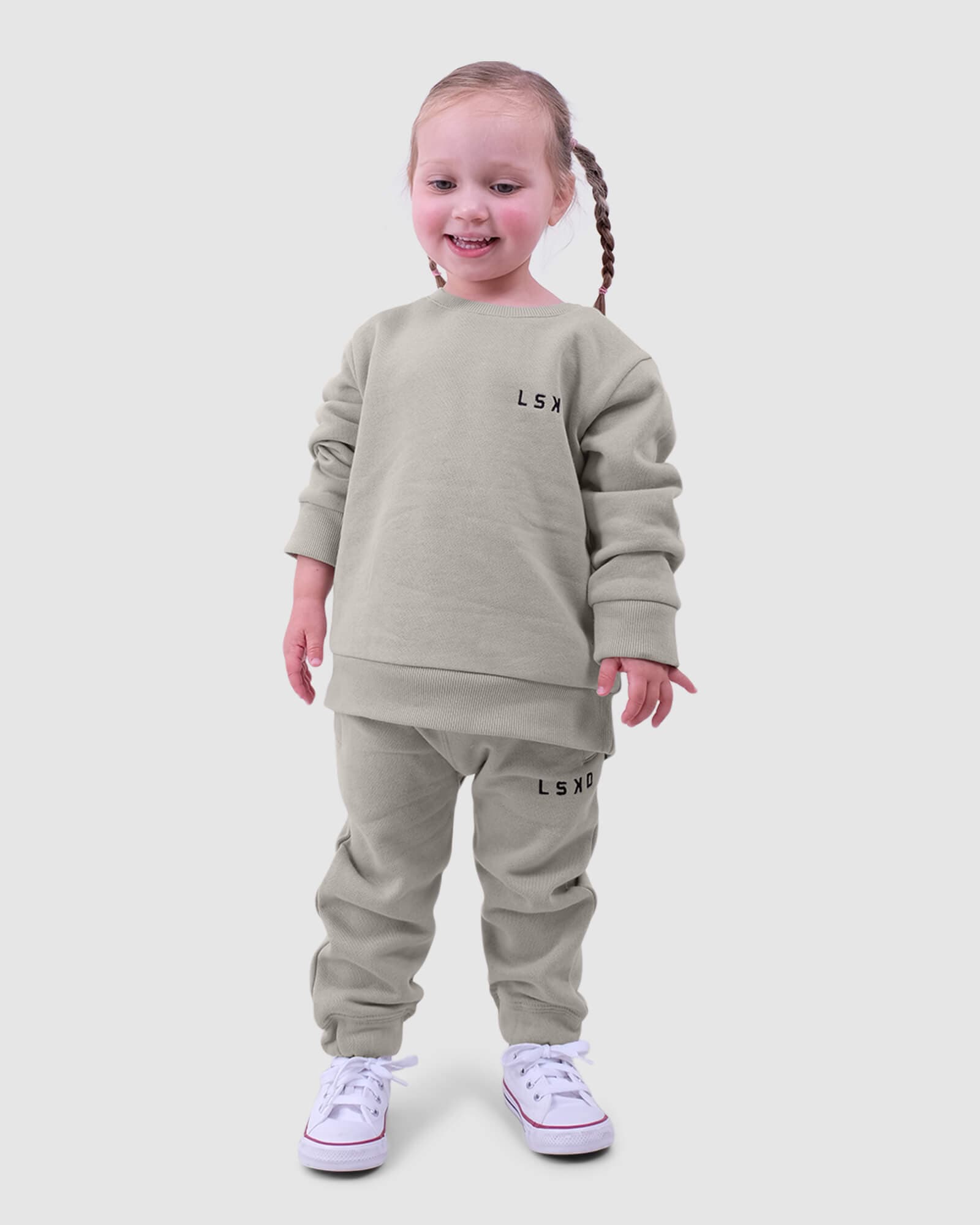 Model wearing Essential Crewneck (00-6) - Stone