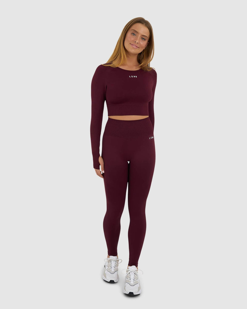 Model wearing Seamless LS Top - Wine