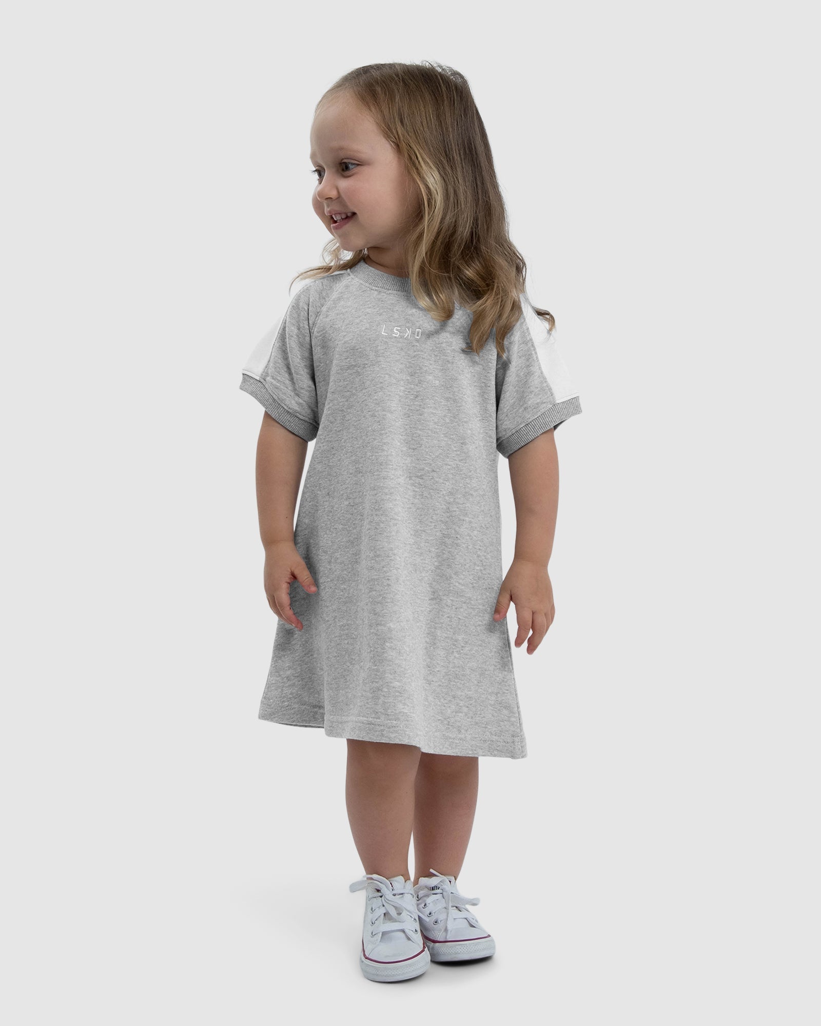 Model wearing Shooter Tee Dress (00-8) - Lt Grey Marl