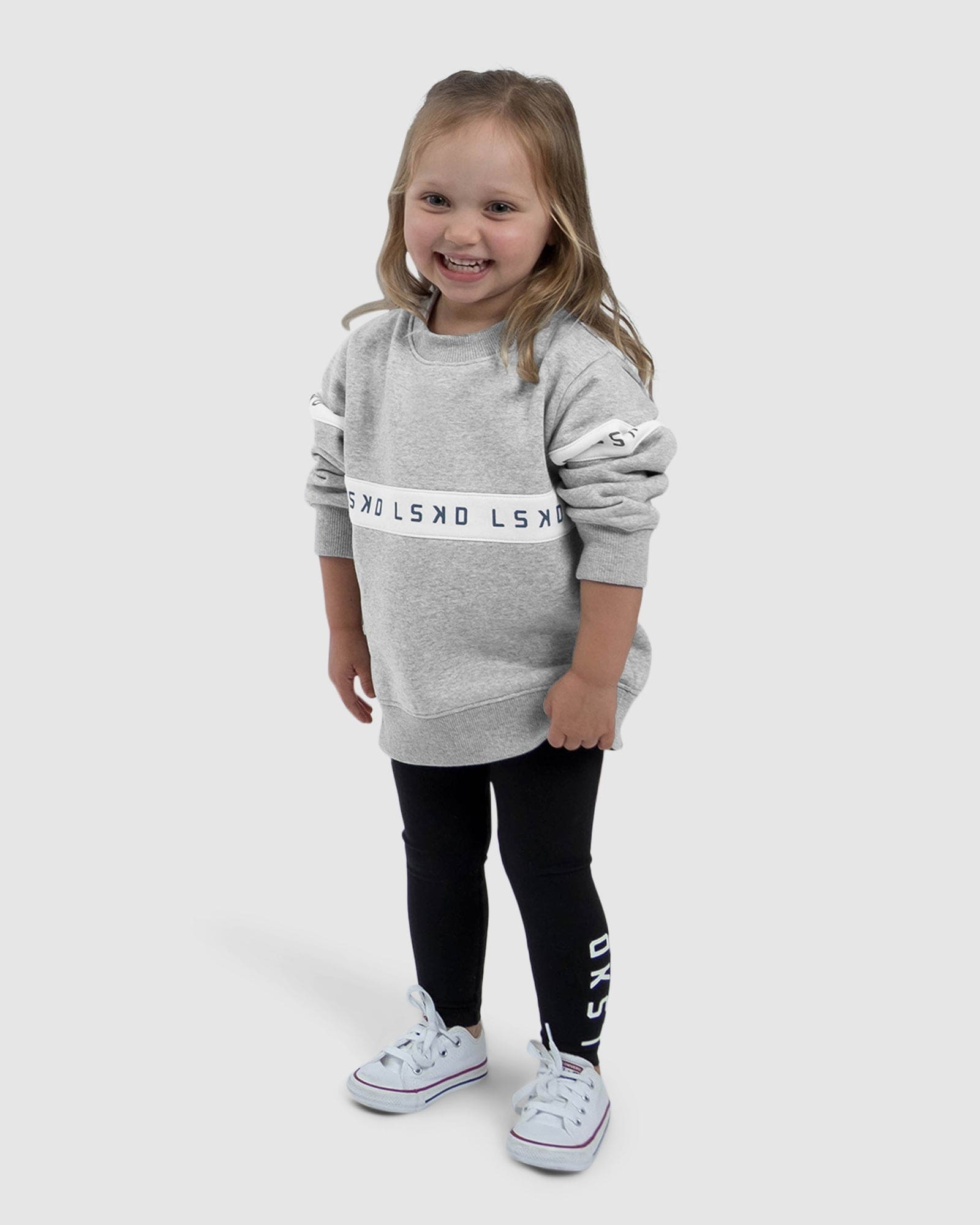 Model wearing Disc Sweater (00-8) - Lt Grey Marl