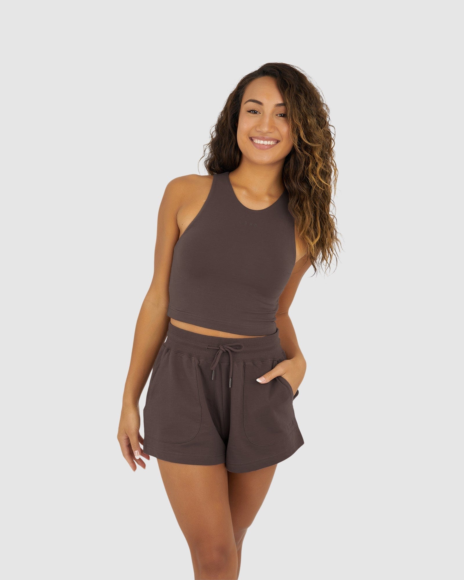 Model wearing Warm-Up Tank - Peppercorn