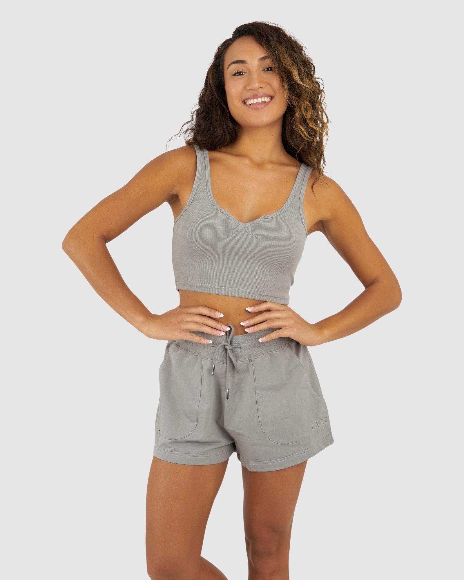 Model wearing Field Ribbed Tank - Frost Grey